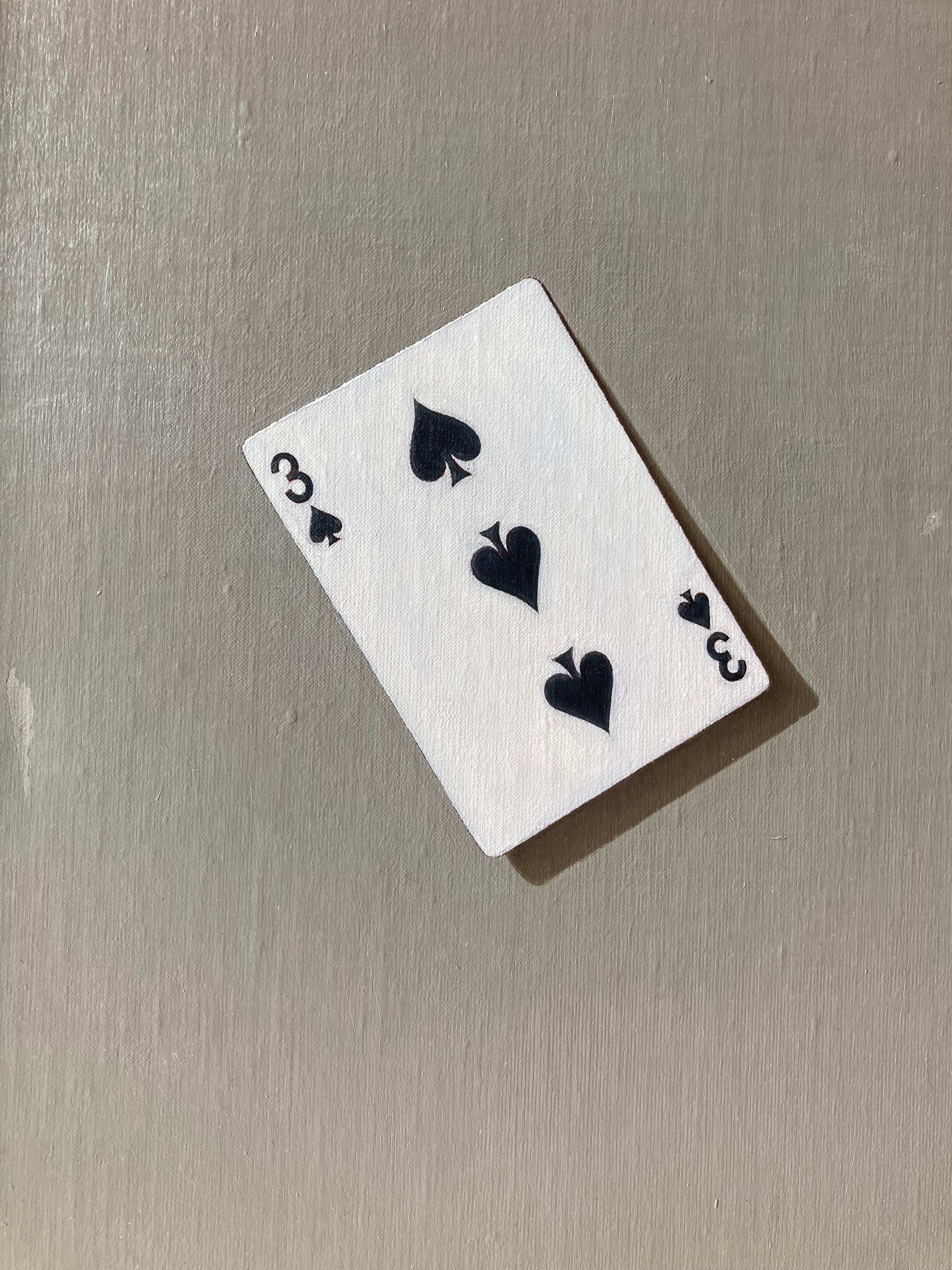 Every Mastromatteo painting is riddled with meaning and double meaning. Notice every number in the deck of cards is present except for the number eight. and the Joker. However, there is a drawing of a woman's eye on a rectangle—so perhaps this is
