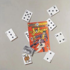 "In the Cards" trompe l'oeil oil painting of comic page of Joker & playing cards