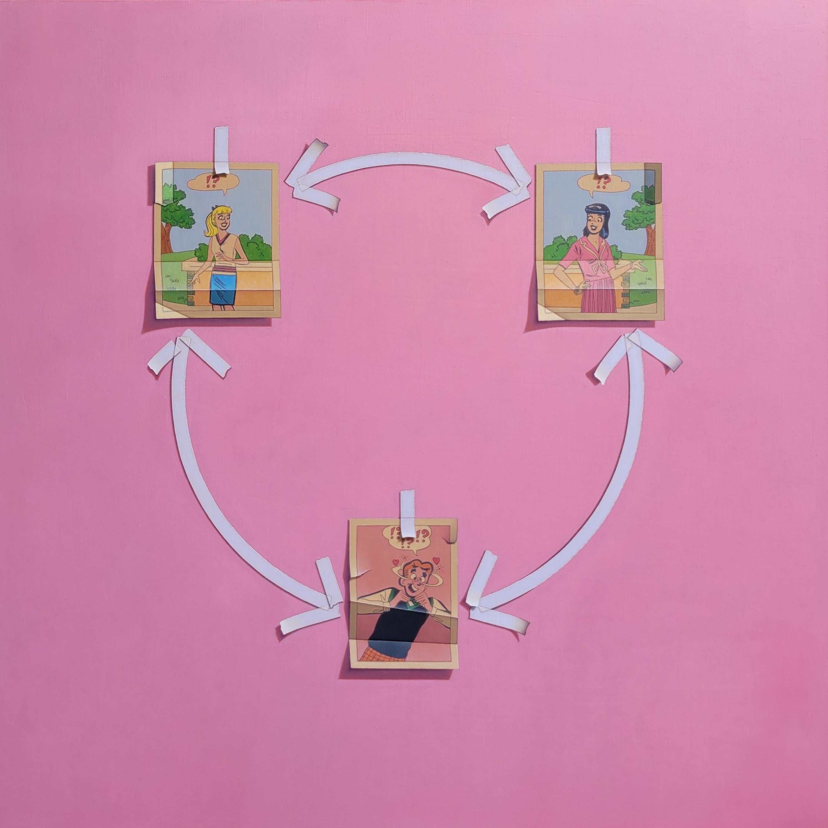 Anthony Mastromatteo Still-Life Painting - "The Three Body Problem" pink comic book trompe l'oeil of physics phenomenon