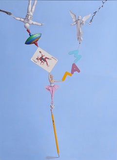 „Tipping Pointe“ Trompe-l'oeil-Stillleben-Ölgemälde, Nr. 2, Bleistift und Tänzerin