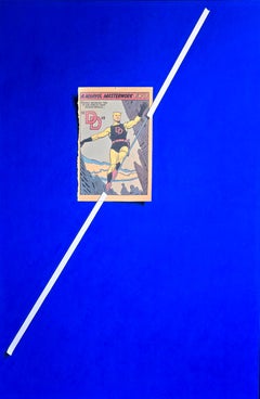 "Vertigo" trompe l'oeil comic clipping of Daredevil on tightrope taped on wall