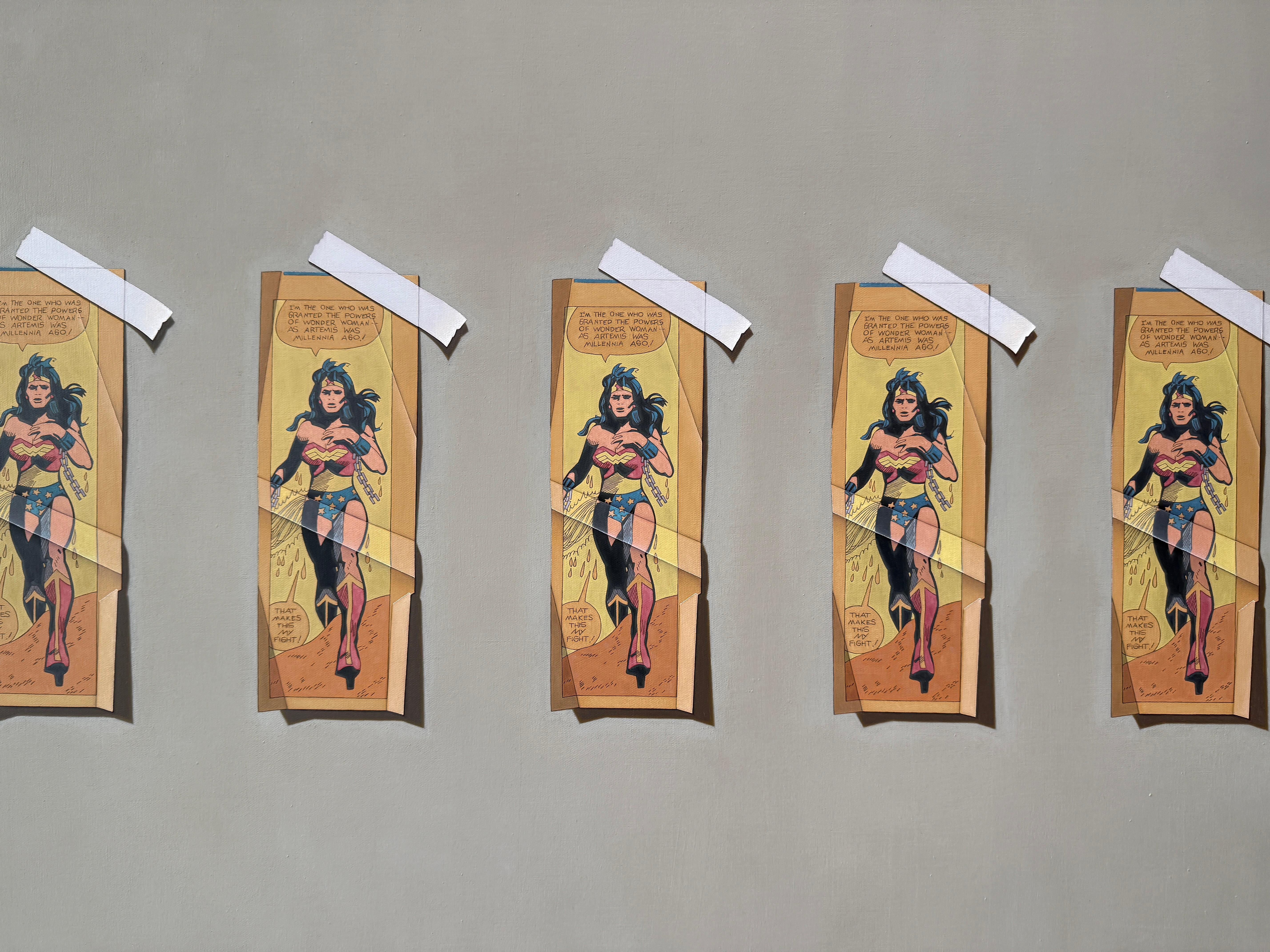 Peinture à l'huile du peintre hyperréaliste américain Anthony Mastromatteo (né en 1970 à Akron, Ohio). Ce qui semble être quatre découpages identiques de bandes dessinées, collés sur un mur gris, est en fait une peinture à l'huile bidimensionnelle