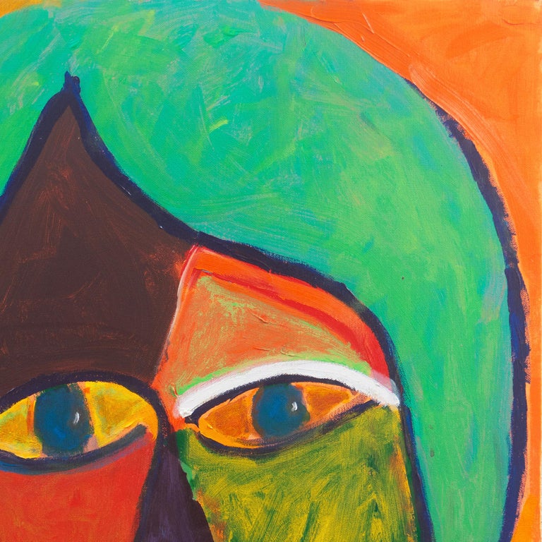Signed verso, 'Ant McNaught', (American, born 1952), titled 'Camille VI', and dated 2020.

A substantial and vibrant, Fauve study of the head of a young woman, composed in scumbled shades of coral, jade, azure and pink. and contrasted against a