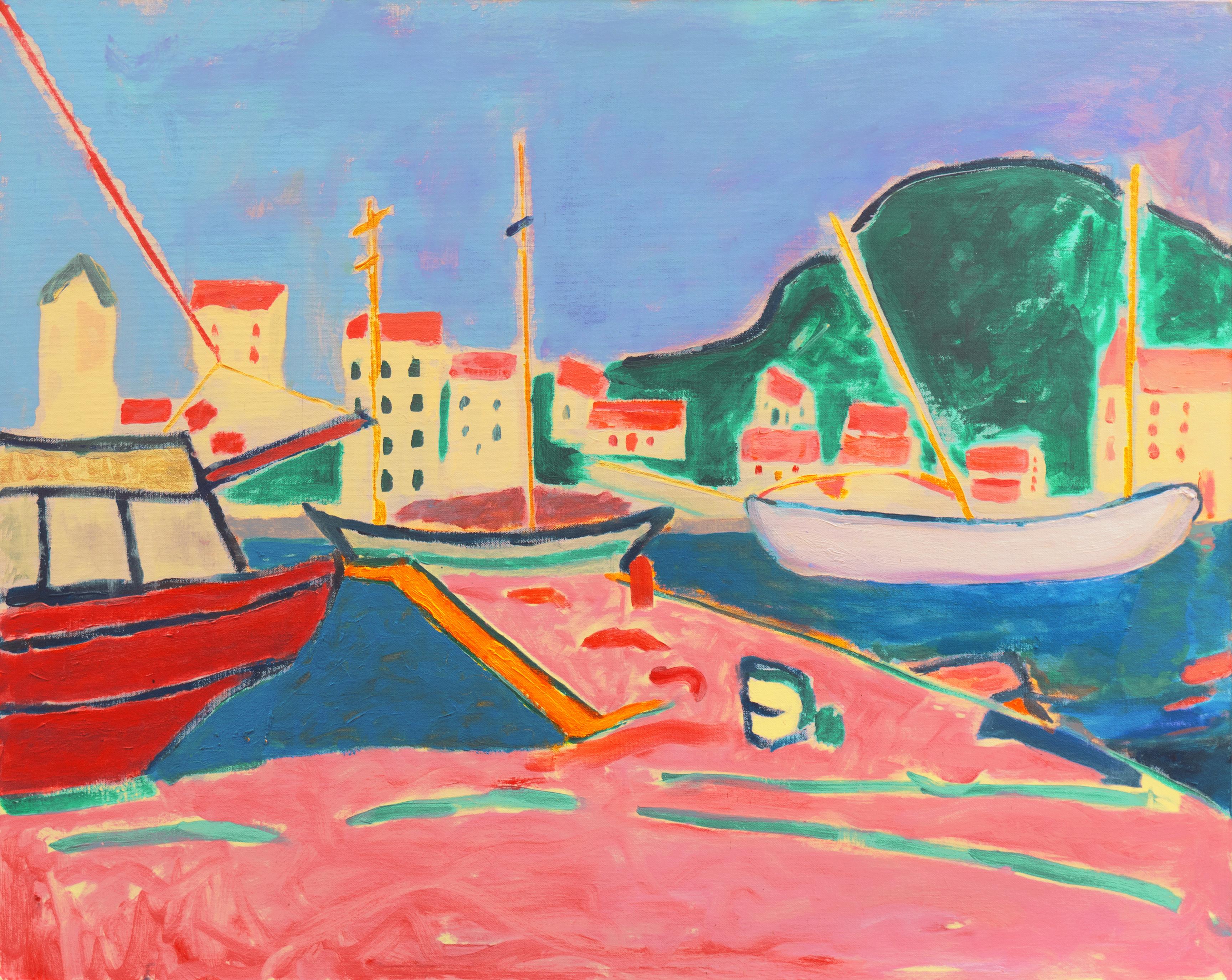 Anthony McNaught Landscape Painting - 'Port de Vendres', Côte Vermeille, France, California Post Impressionist Harbor