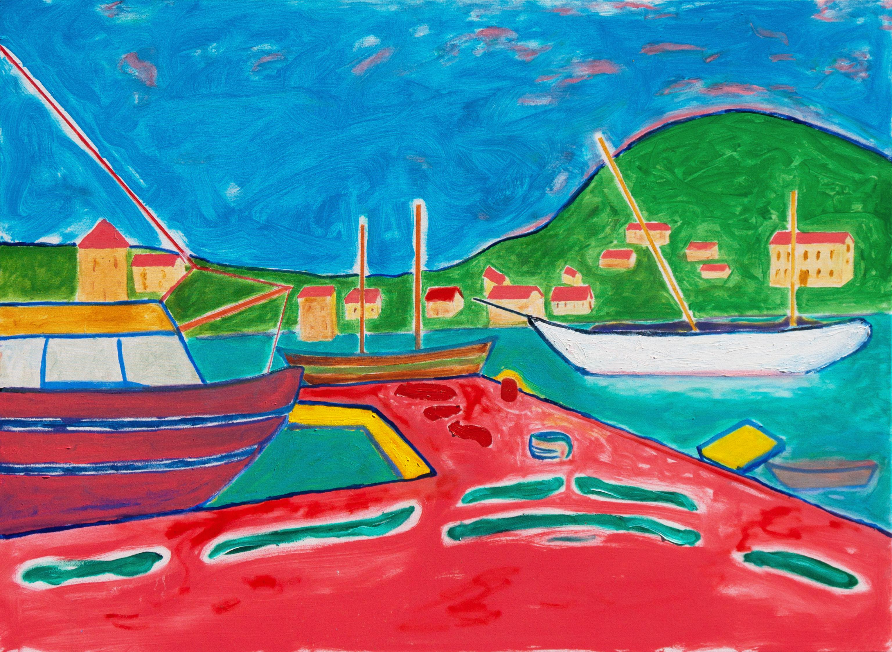 Anthony McNaught Landscape Painting - 'Port-Vendres' Côte Vermeille, France, California, Large Post-Impressionist Oil