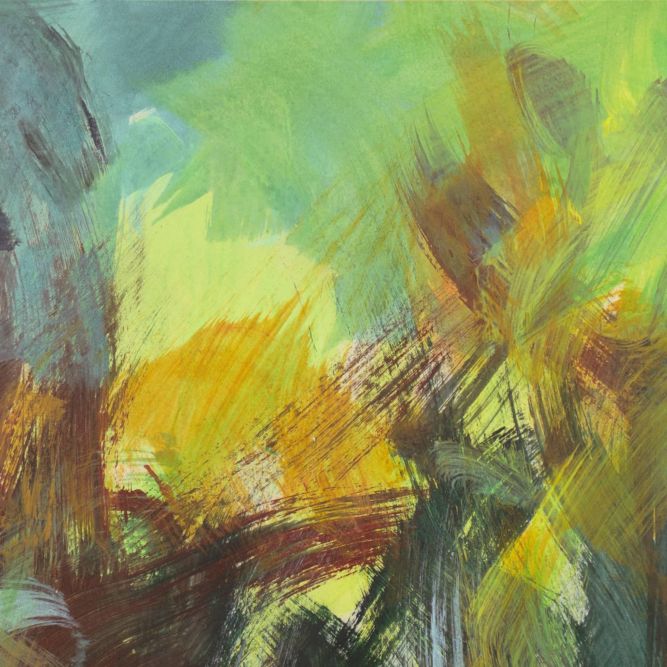 A lyrical, cabinet-size abstract comprising complex striated and overlapping pastel elements of aqua, chartreuse, saffron and jade applied with alla prima brushwork.

Signed lower right, 'Ant'; additionally signed verso, titled 'Sabrina's Wedding
