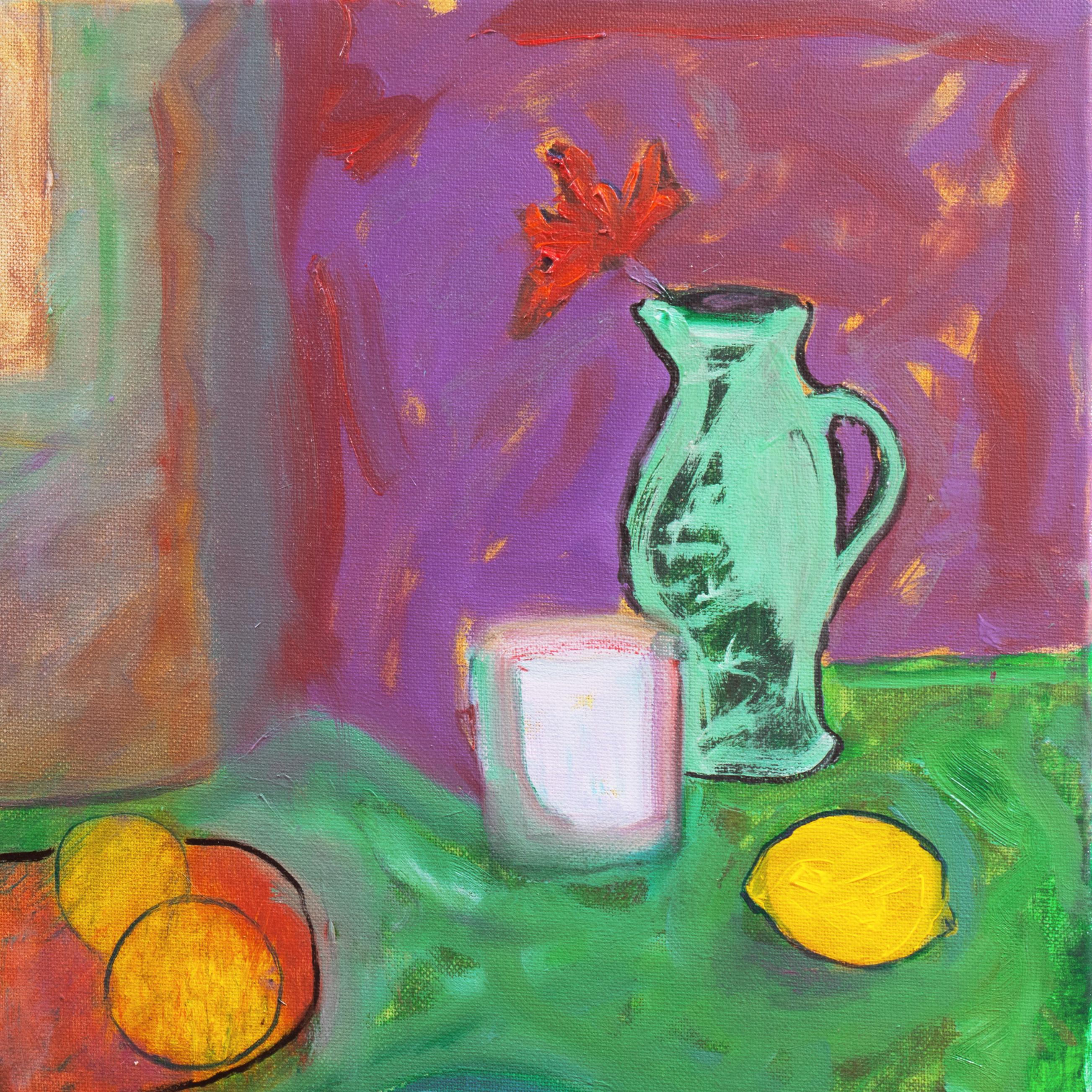 „Stillleben mit Zitronen und einem grünen Krug“, kalifornisches postimpressionistisches Ölgemälde (Expressionismus), Painting, von Anthony McNaught