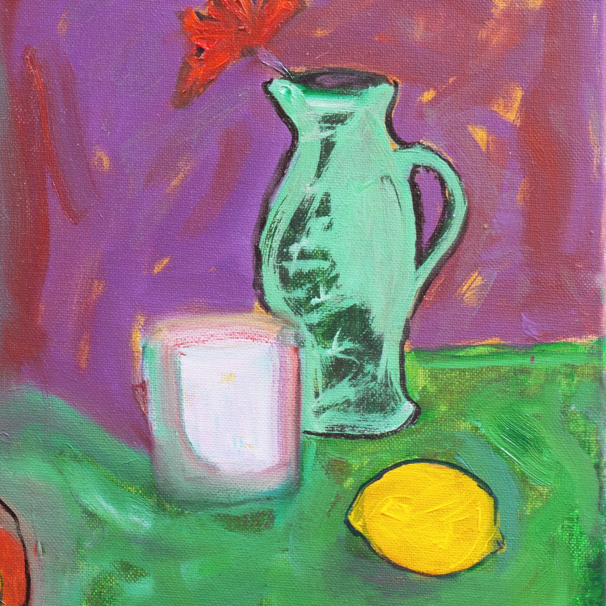 Initialed lower right, 'A.E.M.' for Anthony McNaught (American, born 1952); additionally signed verso, 'Anthony McNaught', titled 'Still Life with Green Jug', and dated 2019.

This California Post-Impressionist artist studied at the Esalen Institute