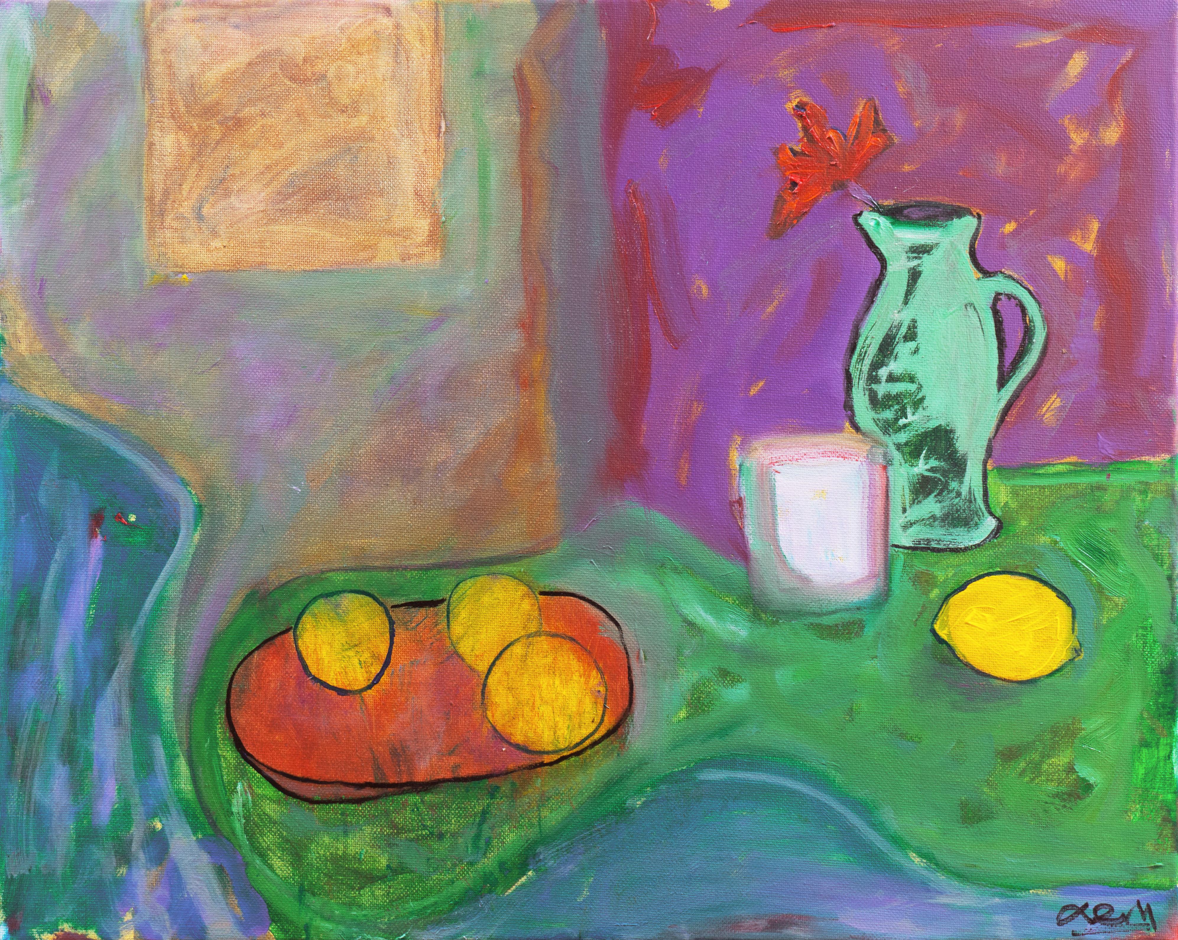 'Still Life with Lemons and a Green Jug', California Post-Impressionist oil