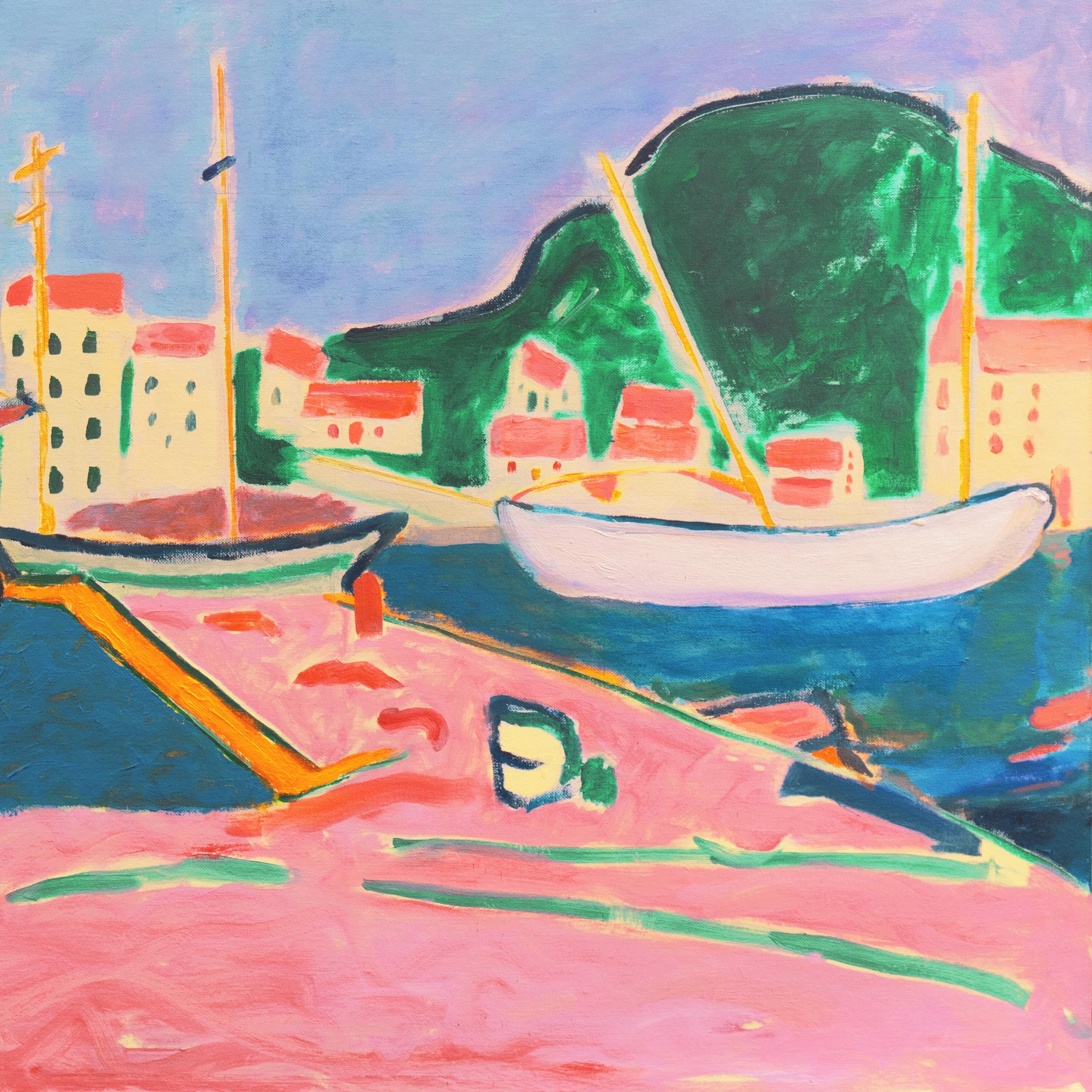 'Port de Vendres', Côte Vermeille, Francia, Porto post impressionista della California - Print di Anthony McNaught