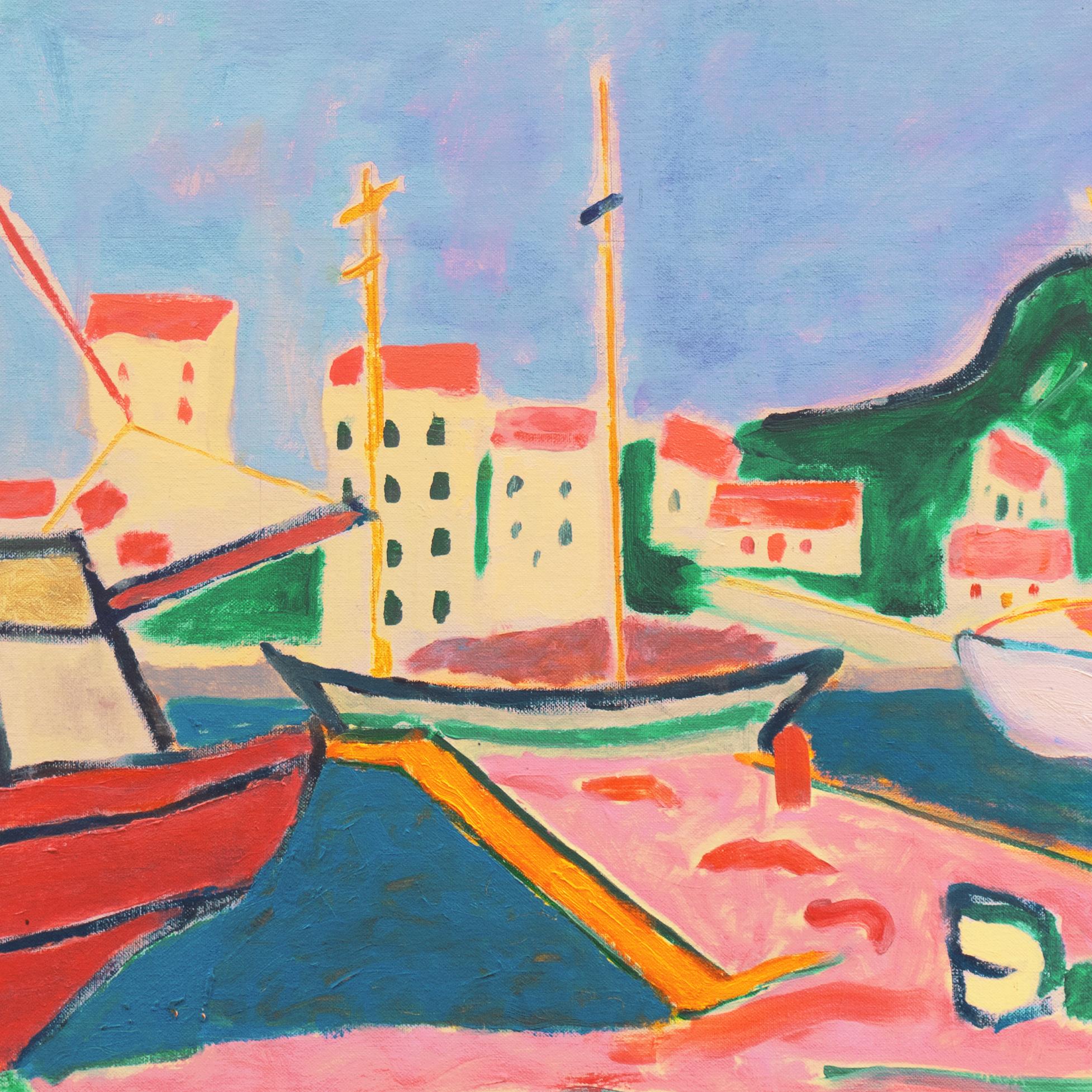 'Port de Vendres', Côte Vermeille, Francia, Porto post impressionista della California - Landscape Print Beige di Anthony McNaught