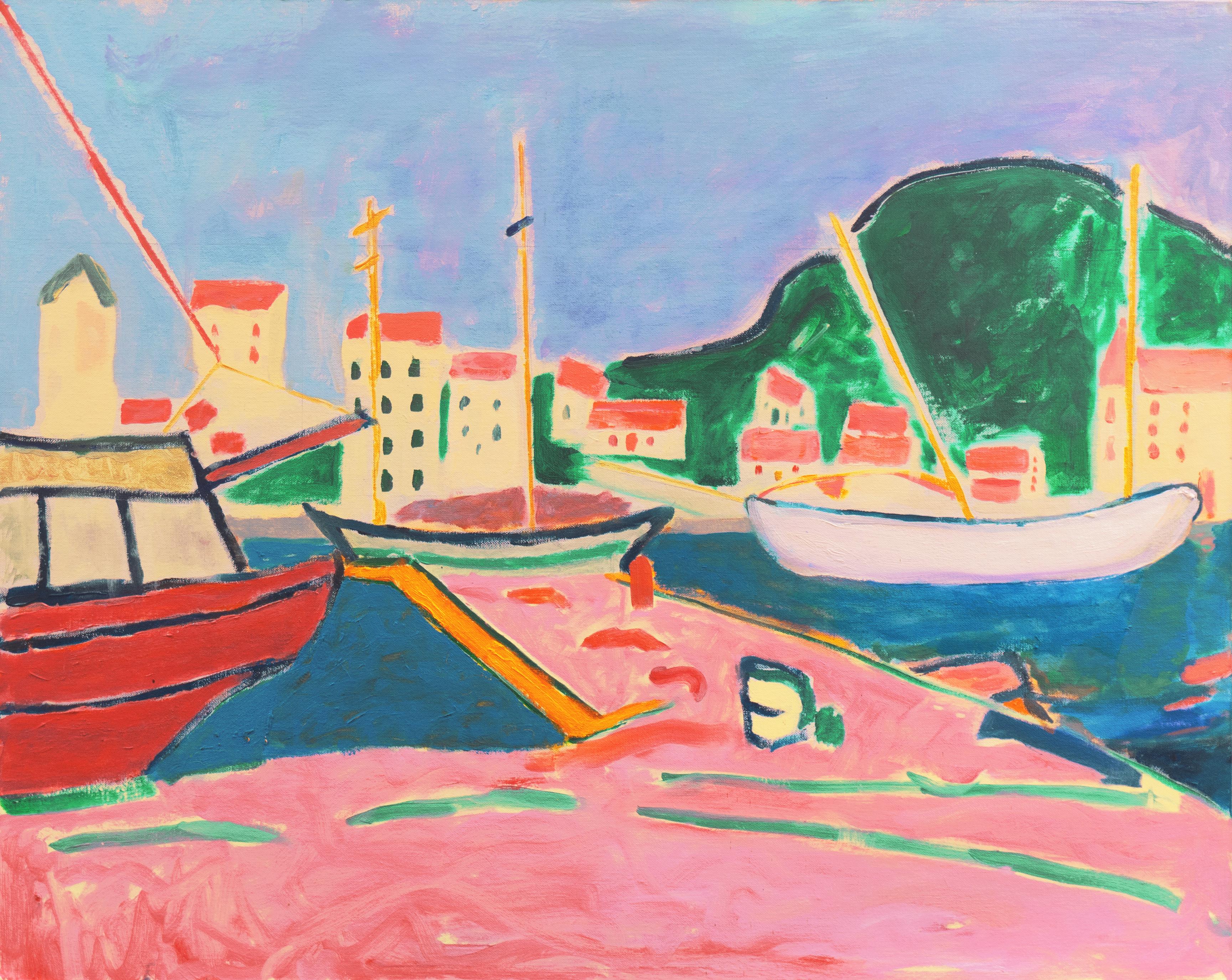 Anthony McNaught Landscape Print - 'Port de Vendres', Côte Vermeille, France, California Post Impressionist Harbor