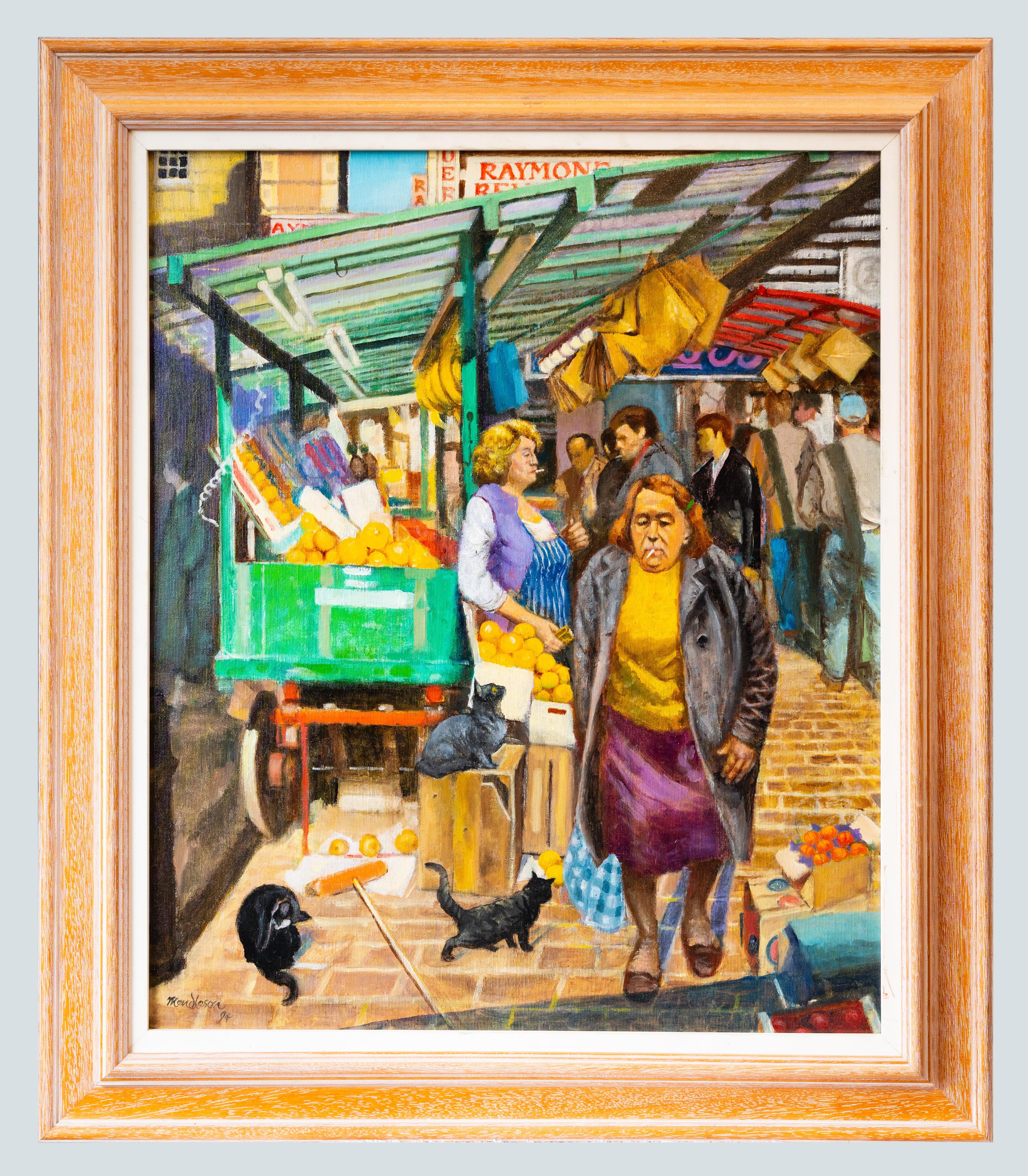 Bernick Market. Vibrant Market with fruit stalls. cats wondering