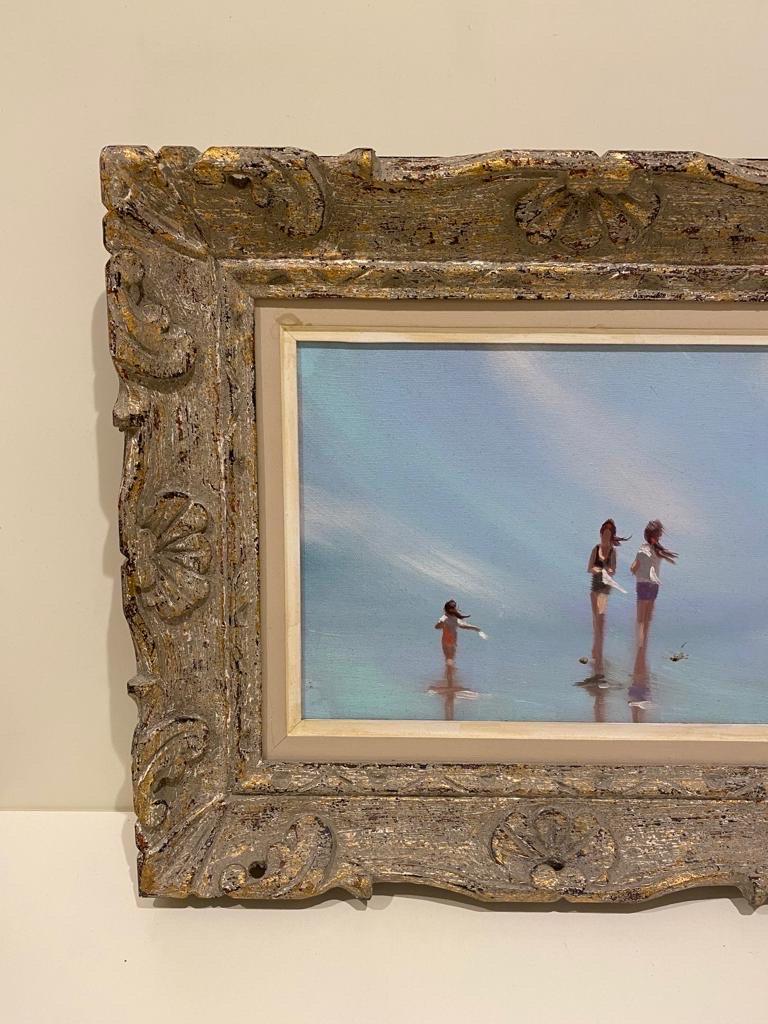 Impressionist painting of three women in the ocean by Anthony Michael Torino (born 1937). Oil on canvas, circa 1960. Signed upper right. Displayed in a grey wood frame. A beautiful oil on canvas painting by A M Torino. From what we can find, he was