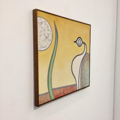 Bird with Blade of Grass, 2018, mixed media on canvas framed, 18 x 20 inches