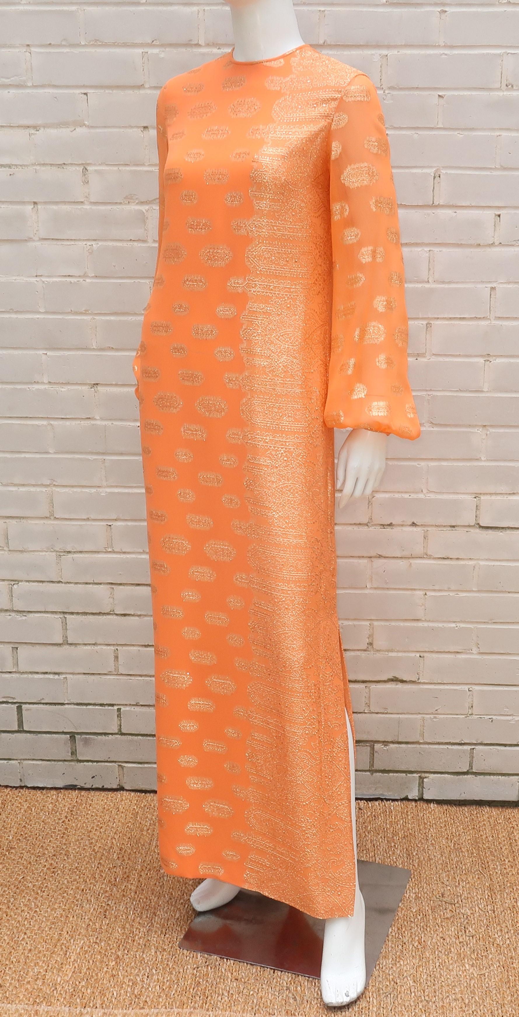 Anthony Muto Orange & Gold Lamé Maxi Evening Dress, 1970's 6