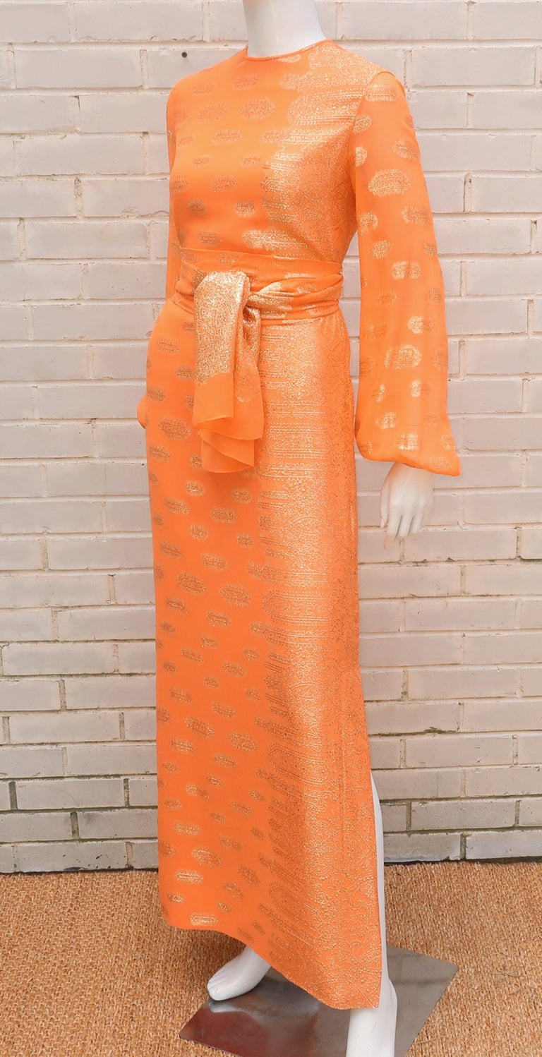 Anthony Muto Orange & Gold Lamé Maxi Evening Dress, 1970's For Sale 1