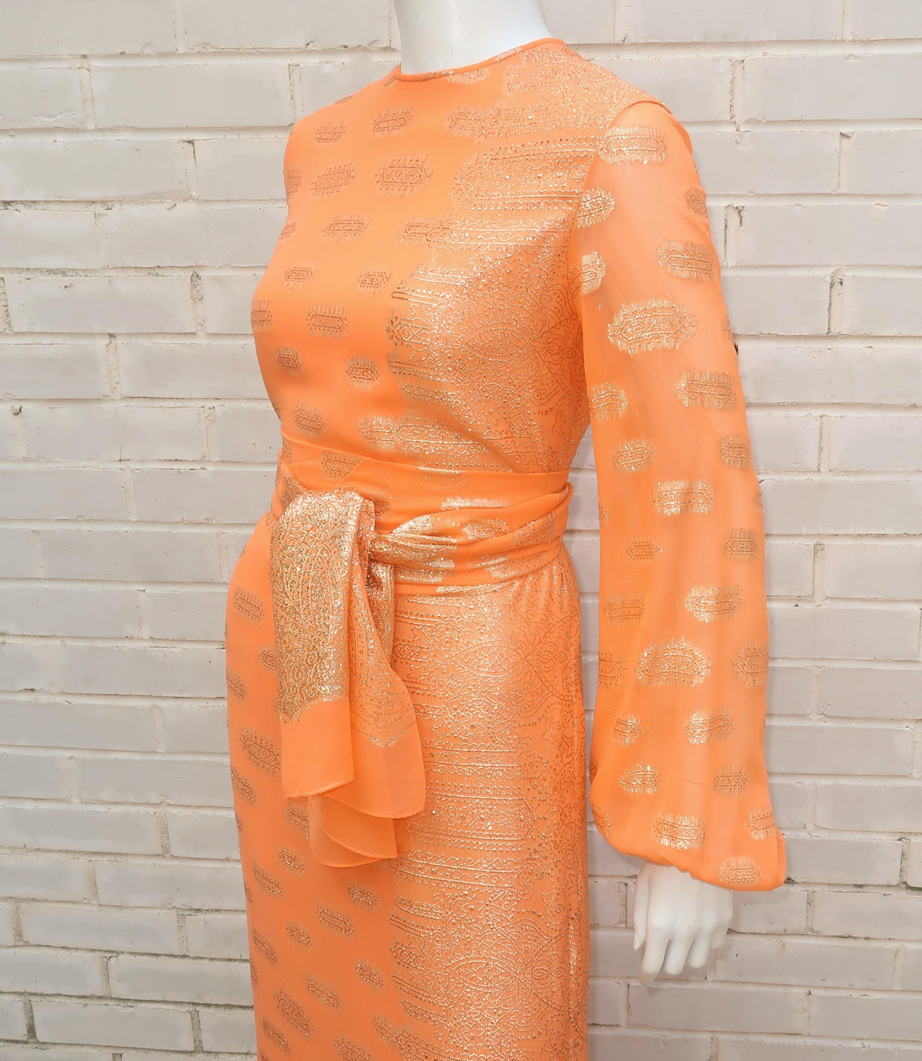 Anthony Muto Orange & Gold Lamé Maxi Evening Dress, 1970's In Good Condition In Atlanta, GA