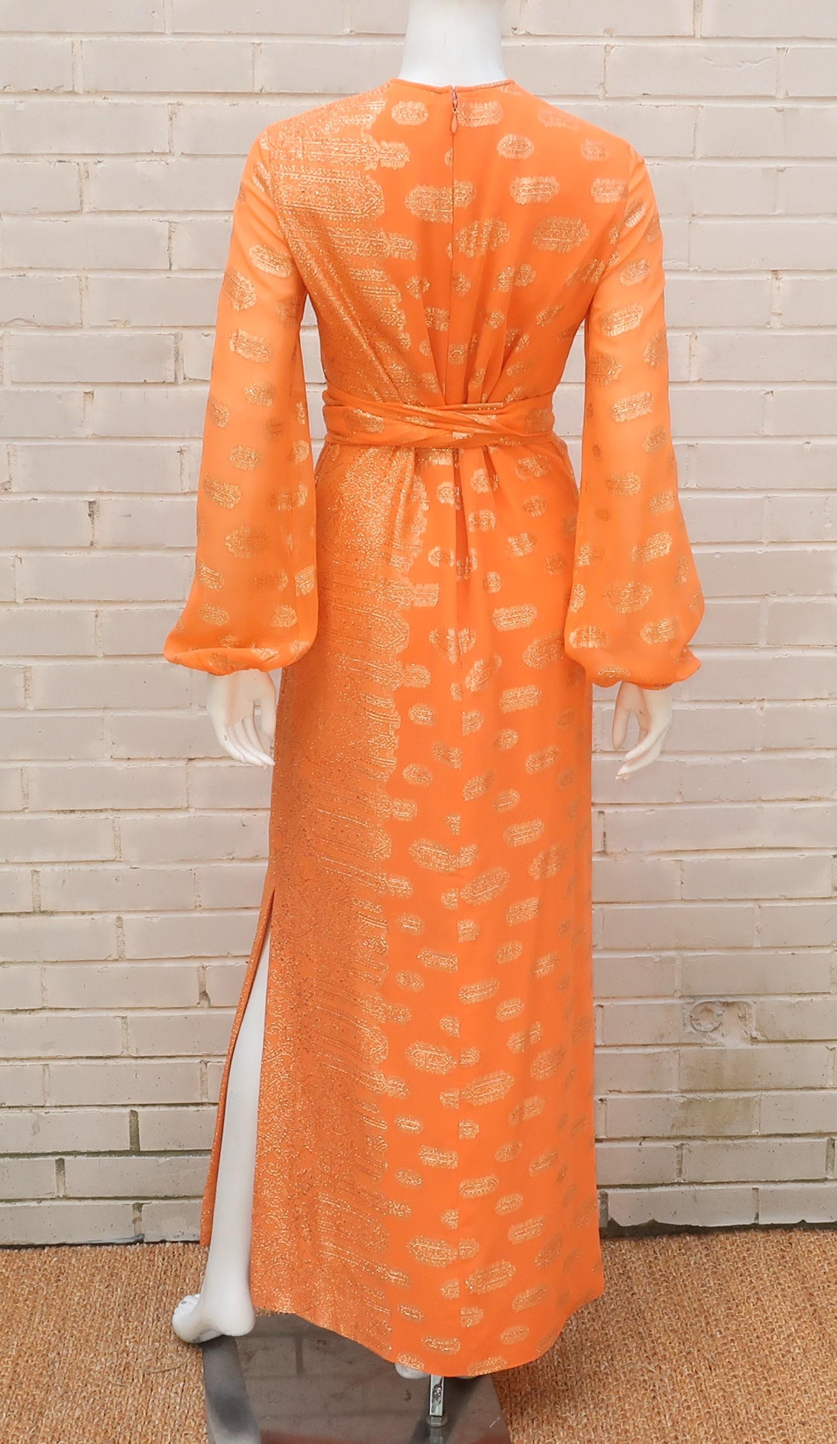 Women's Anthony Muto Orange & Gold Lamé Maxi Evening Dress, 1970's