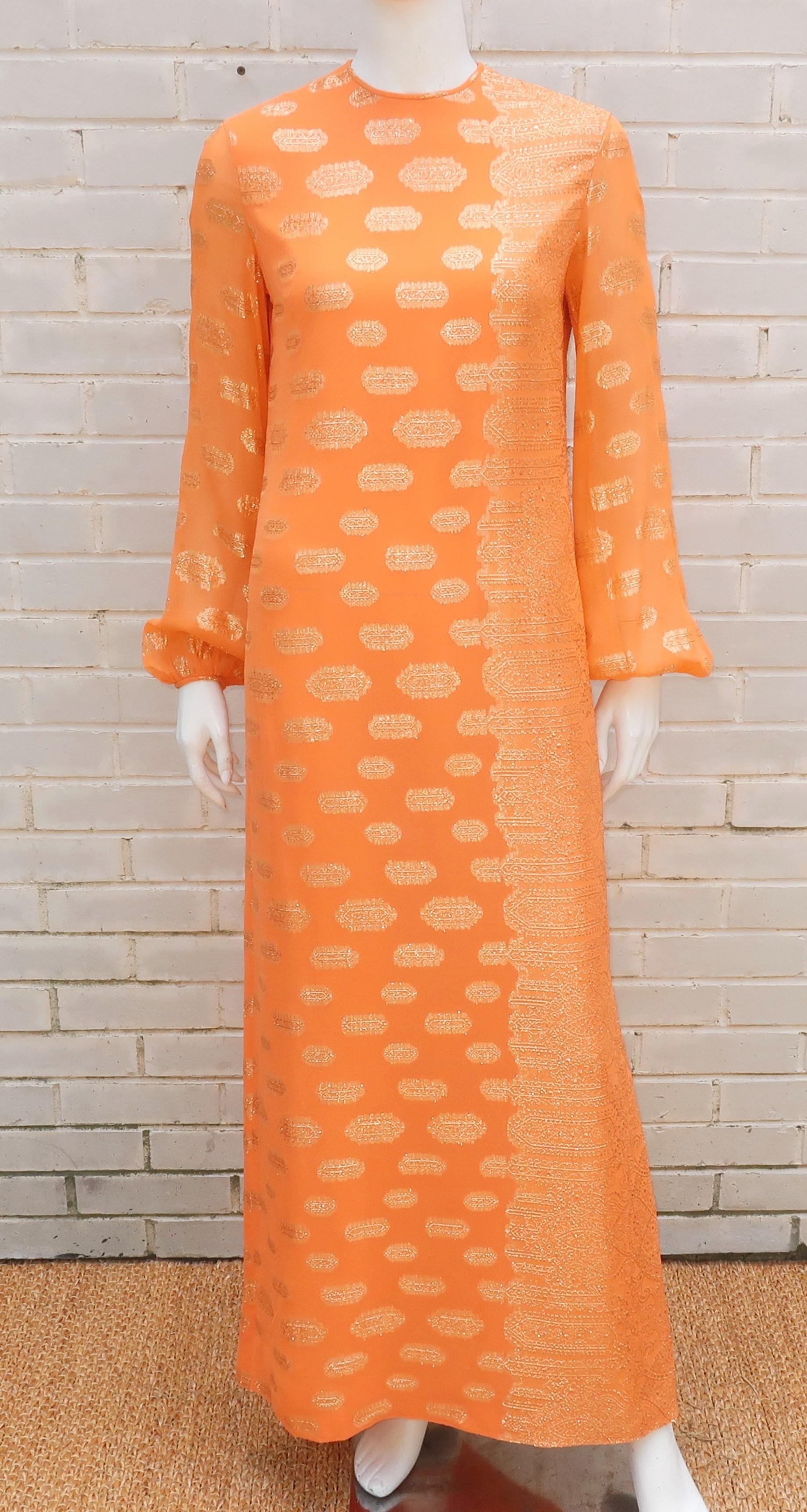 Anthony Muto Orange & Gold Lamé Maxi Evening Dress, 1970's 1
