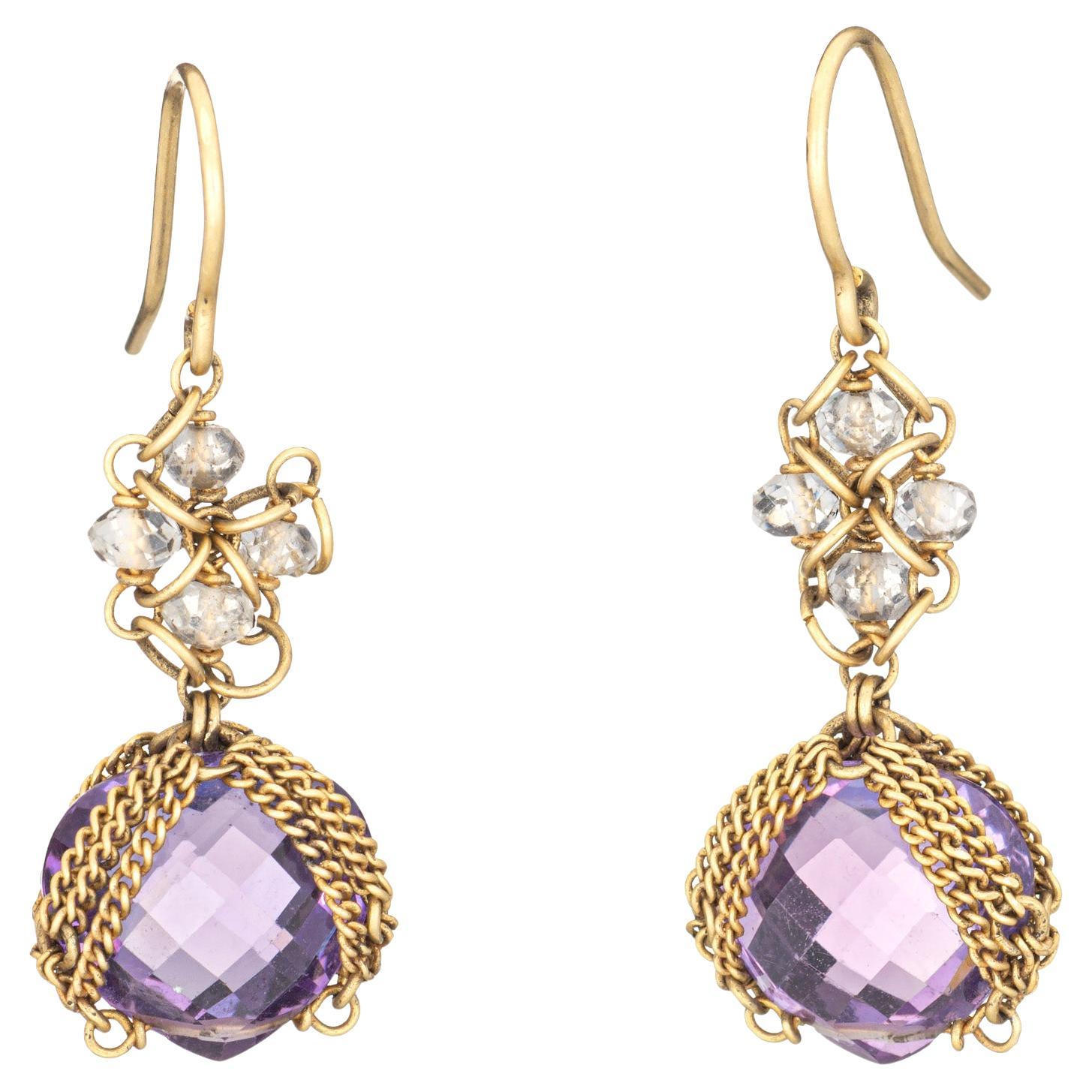 Anthony Nak Pendientes Cuarzo Amatista 1.25" Gotas Estate Oro Amarillo 18k en venta