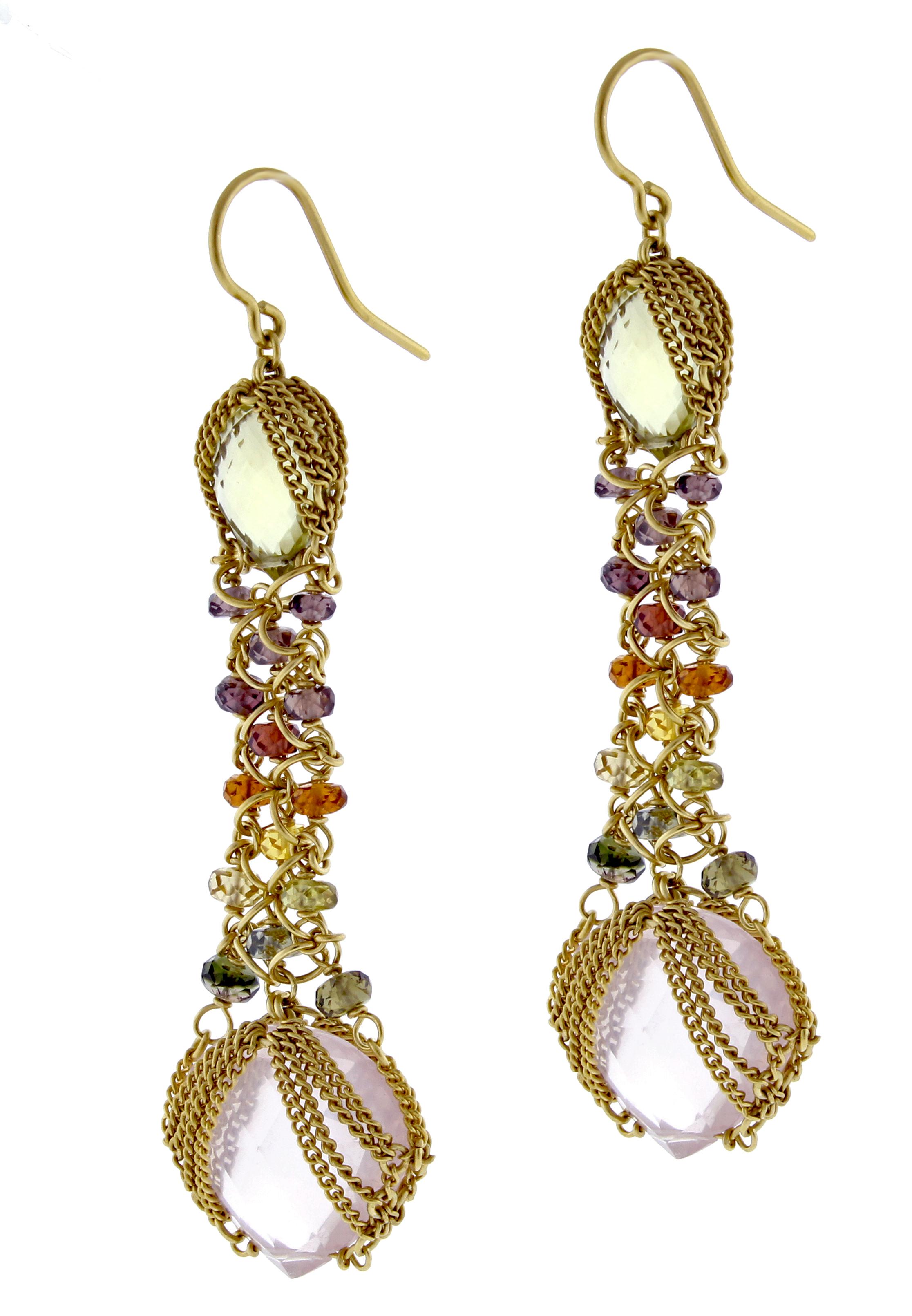 From World-famous jewelry designers Anthony Camargo and Nak Armstrong, these handmade multi gemstone  drop earrings. These 18 karat earrings contain a center pear-shape  rose quartz briolette drop and a lemon citrine pear-shape. 2½ inches long