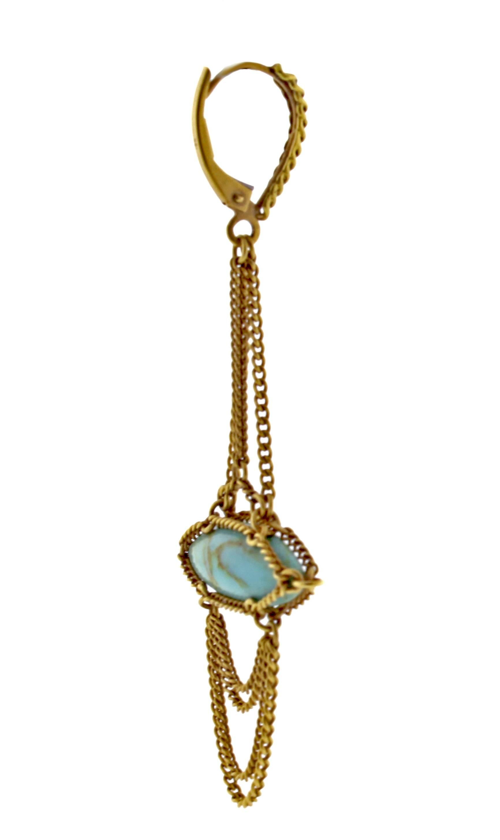 From World-famous jewelry designers Anthony Camargo and Nak Armstrong, these handmade 18 karat Turquoise drop earrings. The 18 karat earrings contain center navette shaped southwest turquoise measuring 21*6.5mm. 1 and  7/8 of an inch drop
 