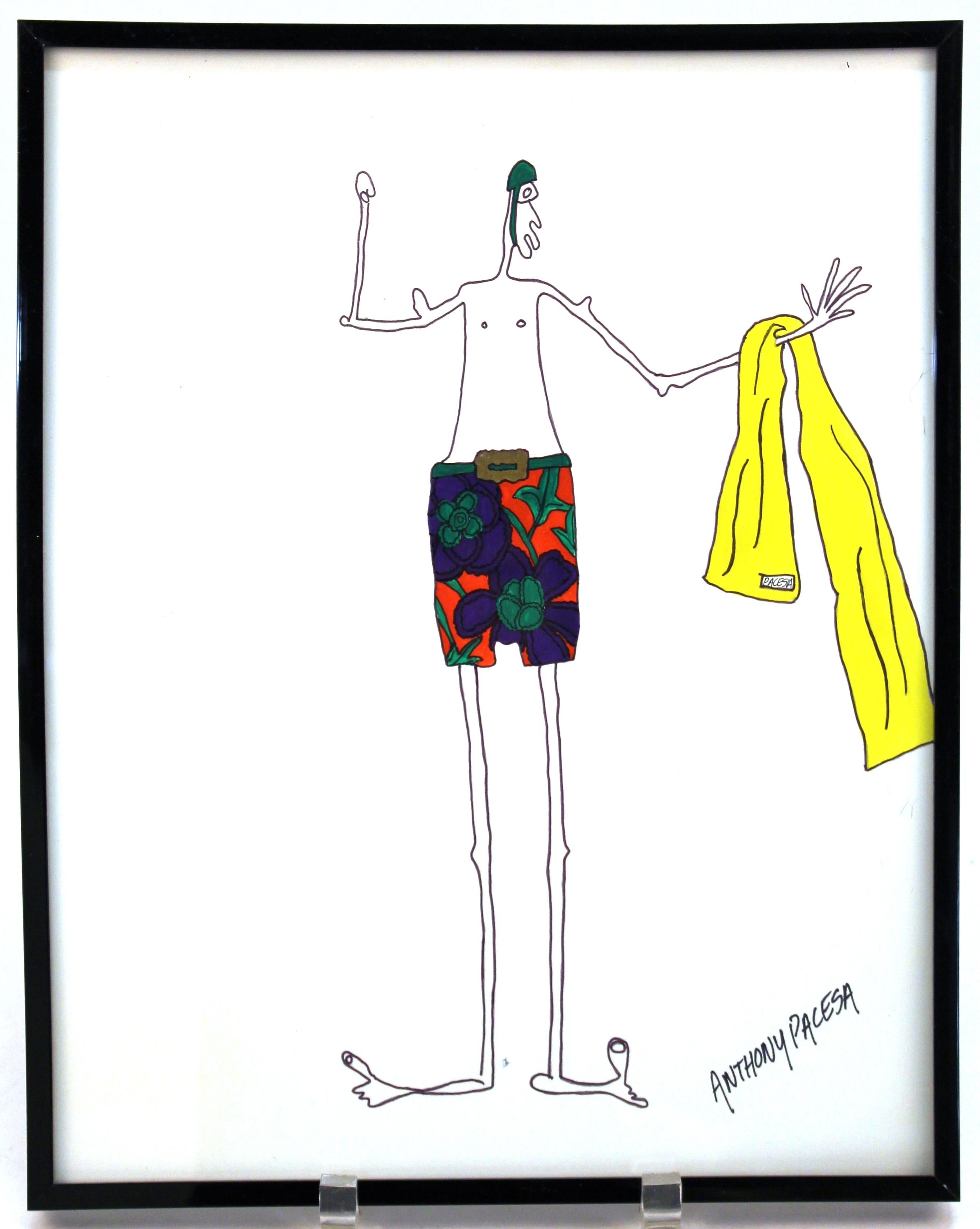 Set of twenty Postmodernist fashion design sketches or illustrations, drawn with marker pens and watercolors by Anthony Pacesa. The set was made during the 1980s in the United States. Some of the images have sample fabrics drawn in with the