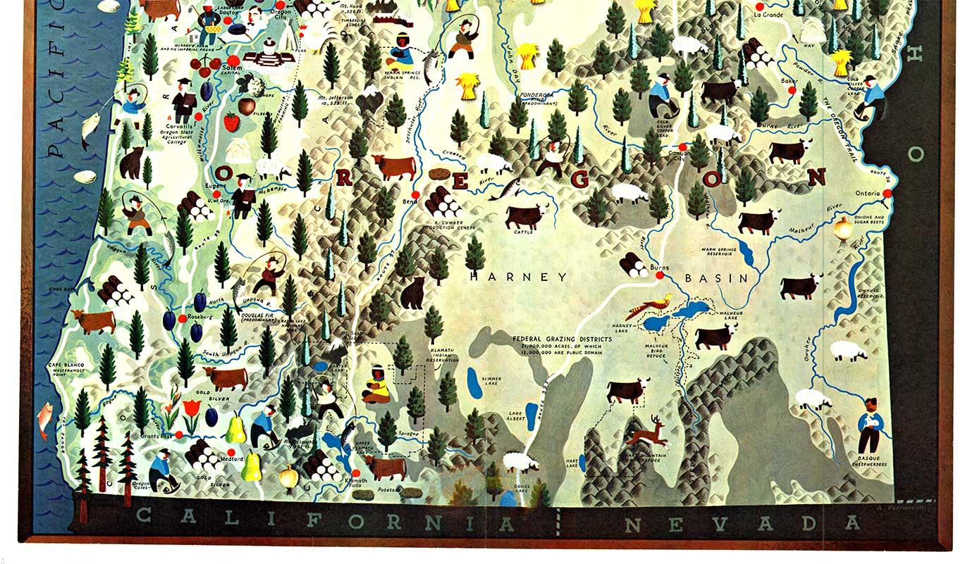 Poster d'epoca con mappa pittorica originale di Washington e Oregon del 1940 - Print di Anthony Petrucelli