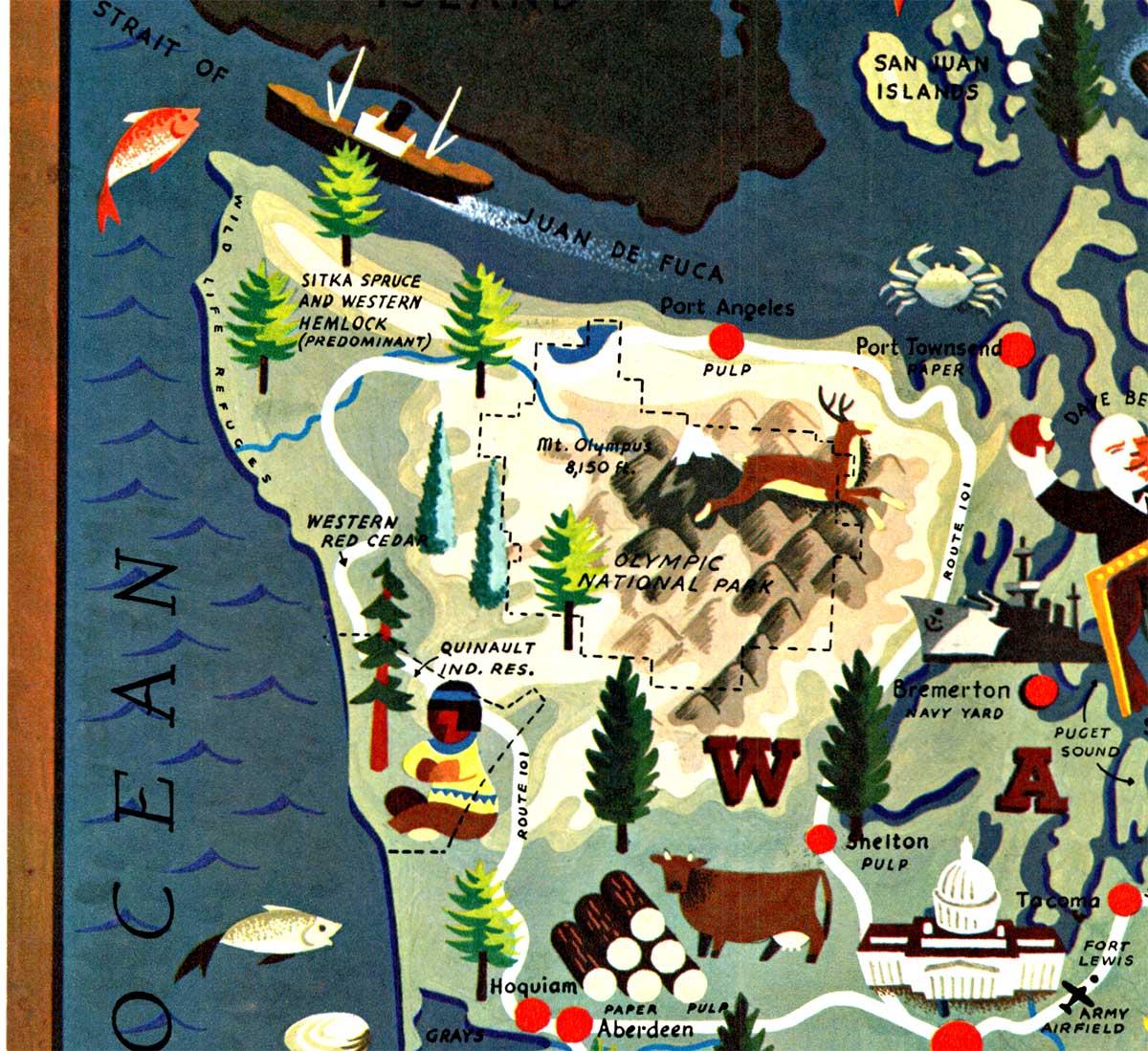 Poster d'epoca con mappa pittorica originale di Washington e Oregon del 1940 - Print Realismo americano di Anthony Petrucelli