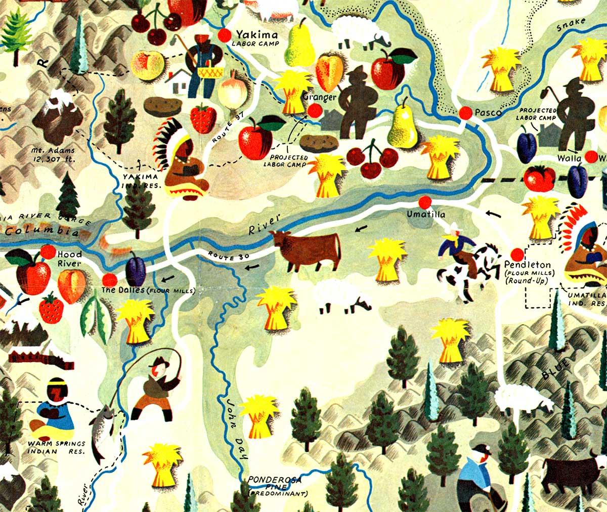 Poster d'epoca con mappa pittorica originale di Washington e Oregon del 1940 - Landscape Print Beige di Anthony Petrucelli