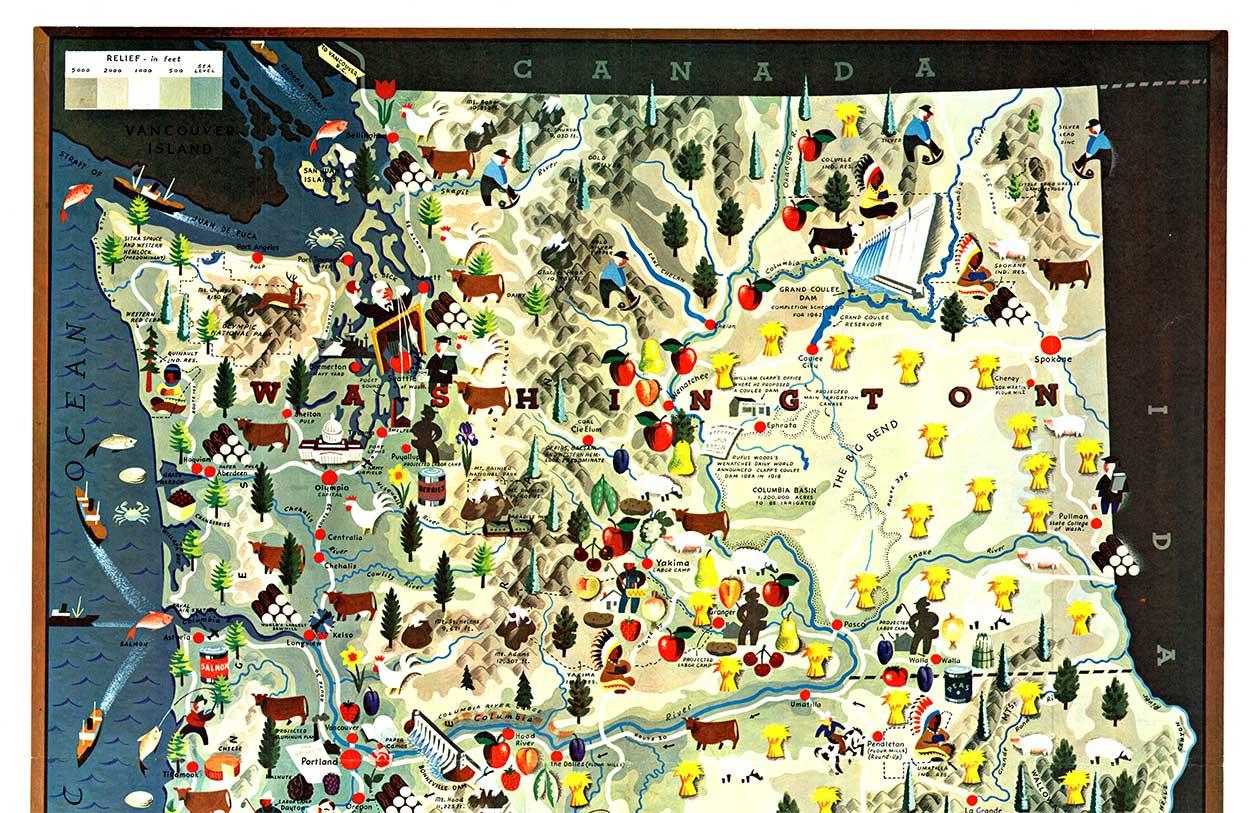Mappa dei punti di riferimento storici, dei territori degli Indiani d'America, dei fiumi, delle montagne, delle dighe, dei college, dei distretti federali di pascolo, delle città, dell'agricoltura e di altre attività che erano presenti negli anni