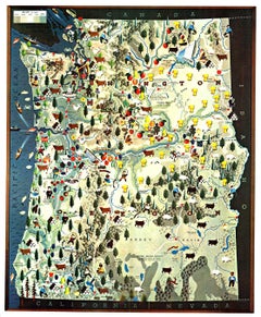 Original 1940 Washington & Oregon Pictorial Map cartel vintage