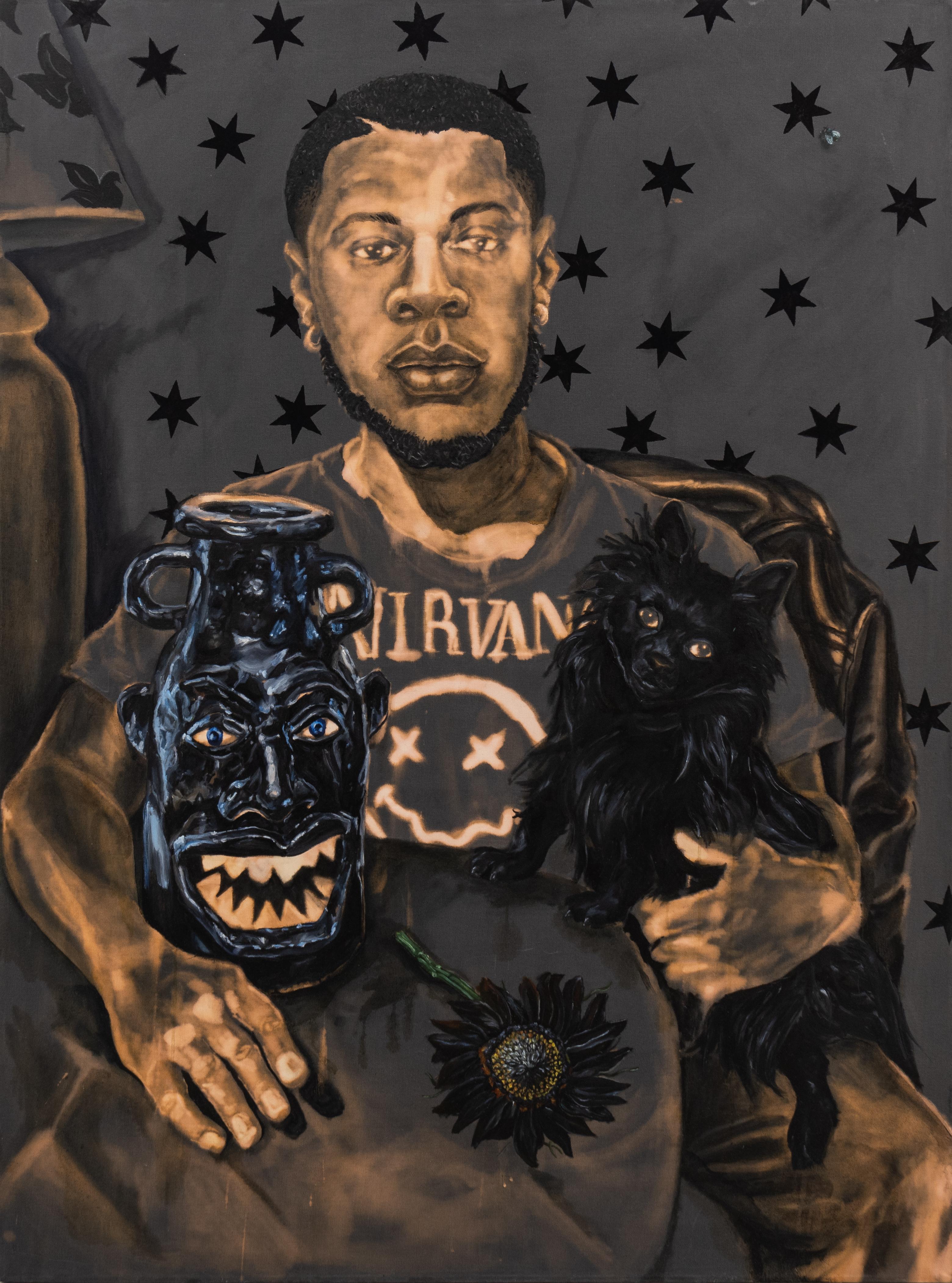 Black Rush: Self Portrait with Vanitas - Painting by Anthony Peyton Young
