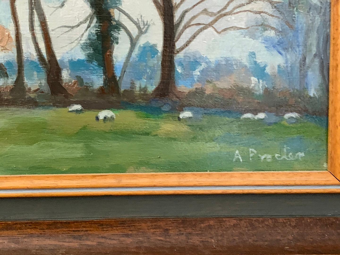 Paysage britannique moderne avec champs, arbres et moutons en pâturage - Moderne Painting par Anthony Procter