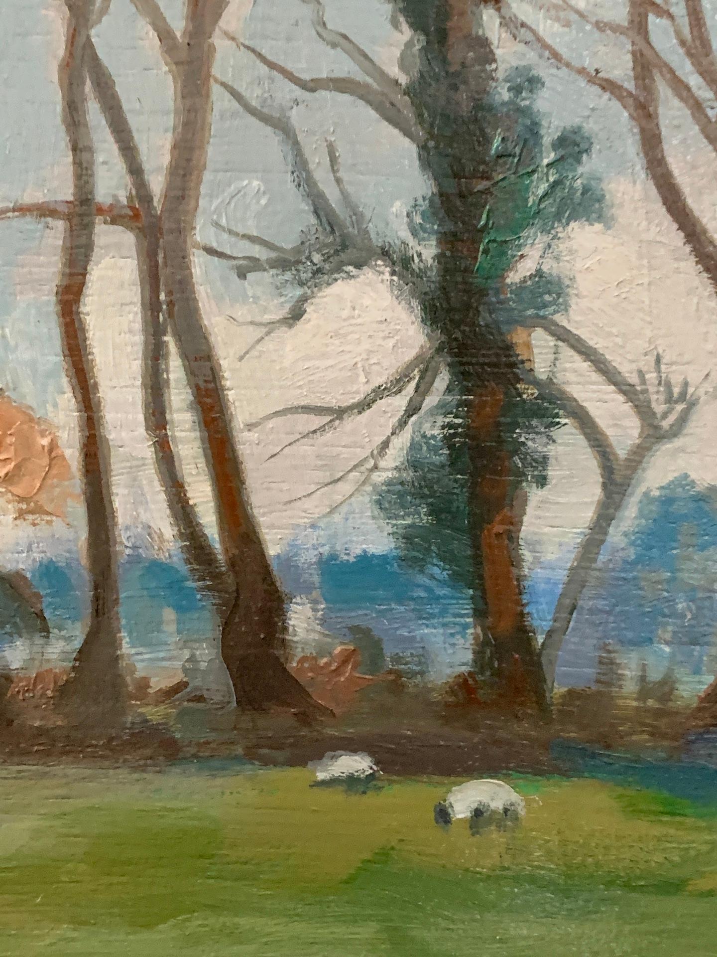 Paysage britannique moderne avec champs, arbres et moutons en pâturage en vente 2
