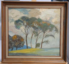 Modern British Landscape with fields, trees. titled, "A glimpse of Tree"