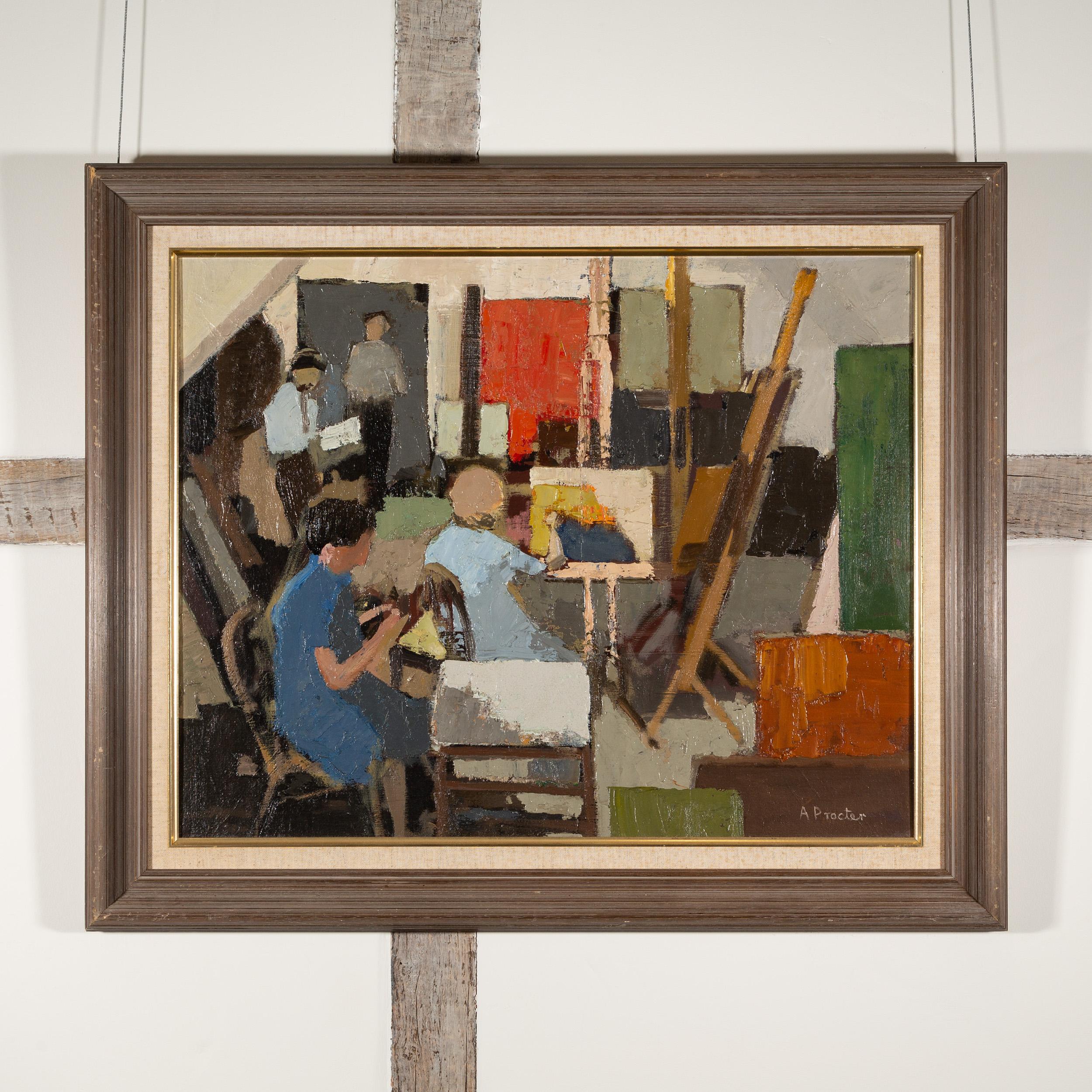 The Studio - 20th Century Interior Oil Painting with Figures in Blue, Grey + Red - Gray Figurative Painting by Anthony Procter