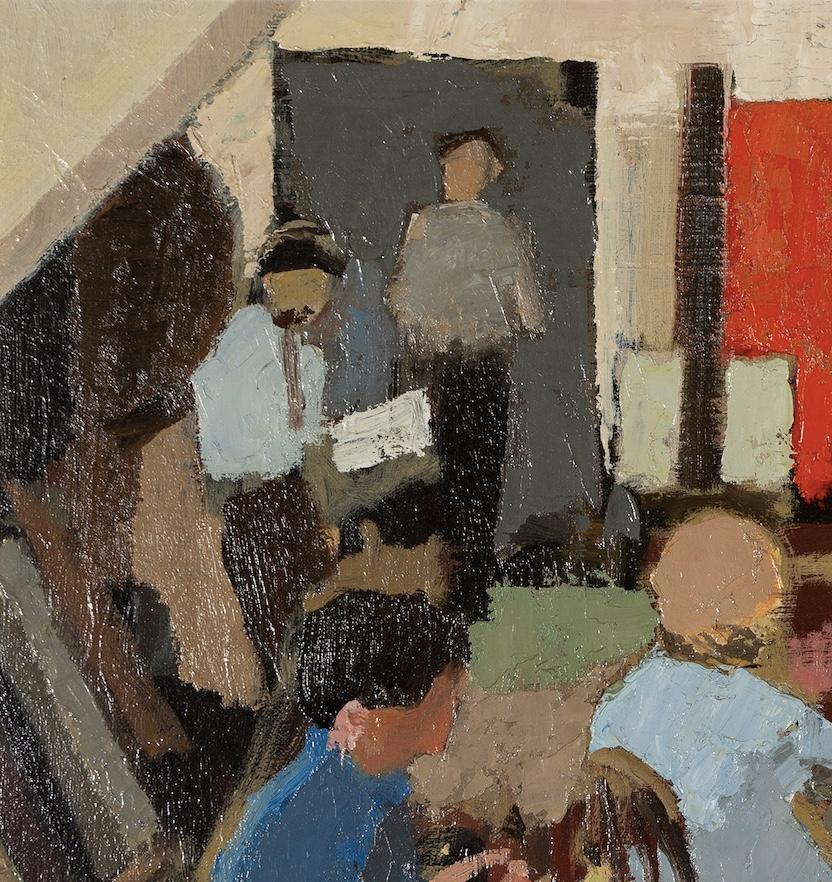 The Studio - 20th Century Interior Oil Painting with Figures in Blue, Grey + Red For Sale 1