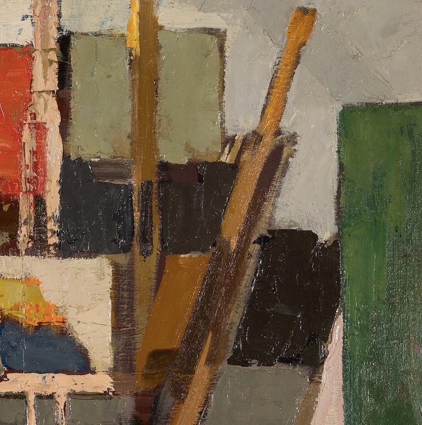 The Studio - 20th Century Interior Oil Painting with Figures in Blue, Grey + Red For Sale 2