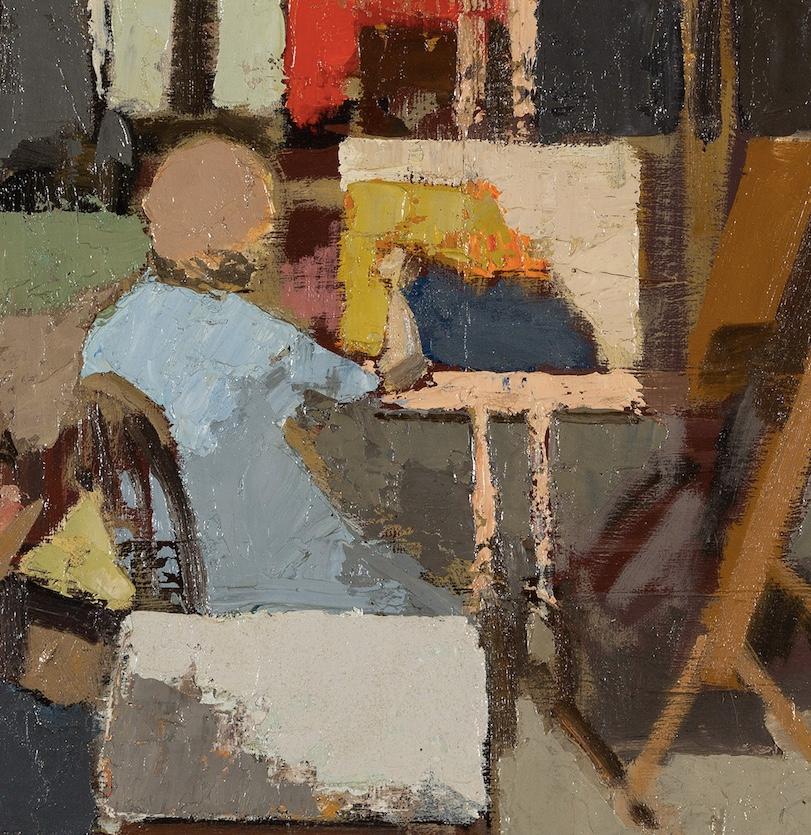 The Studio - 20th Century Interior Oil Painting with Figures in Blue, Grey + Red For Sale 3