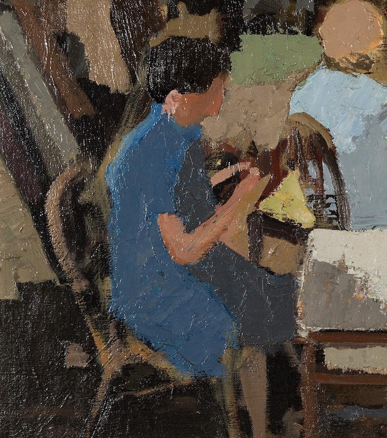 The Studio - 20th Century Interior Oil Painting with Figures in Blue, Grey + Red For Sale 4