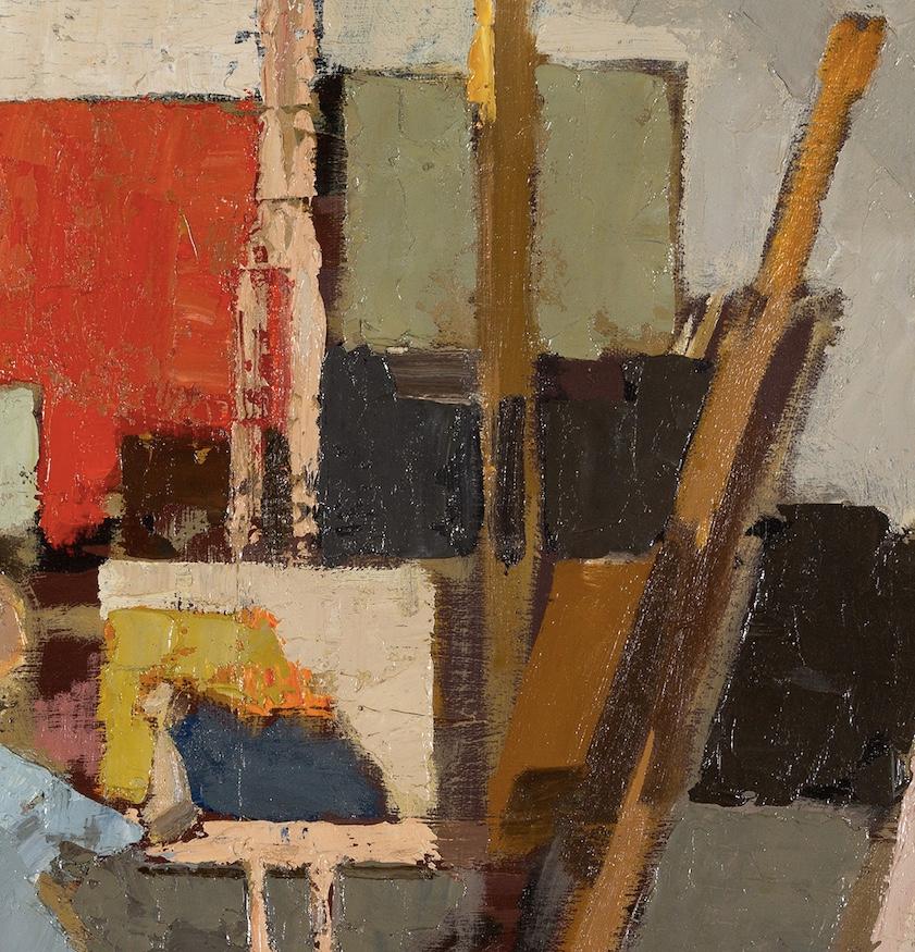 The Studio - 20th Century Interior Oil Painting with Figures in Blue, Grey + Red For Sale 5