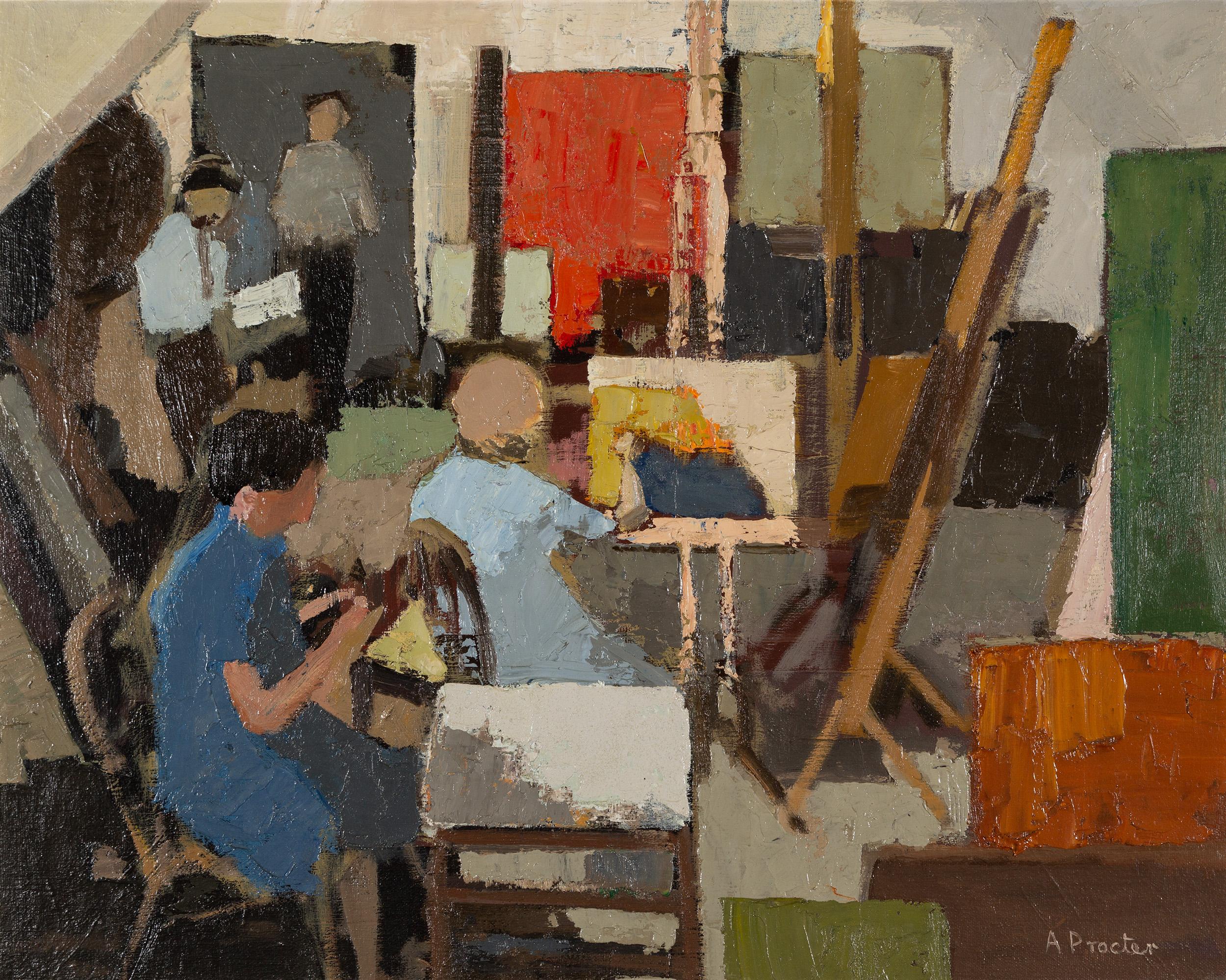 Anthony Procter Figurative Painting - The Studio - 20th Century Interior Oil Painting with Figures in Blue, Grey + Red