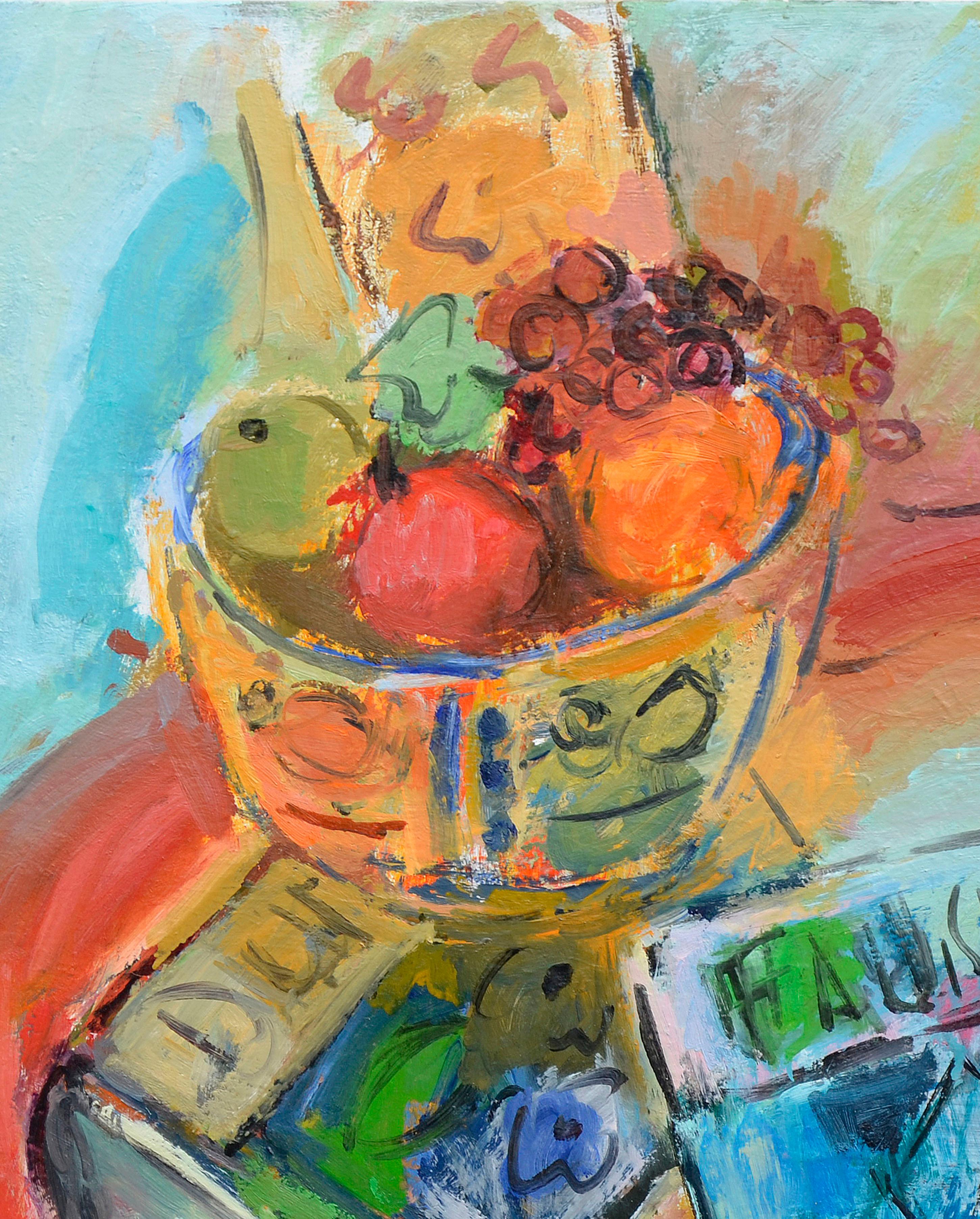 Fauvistisch-Stillleben mit Obstkorb und Büchern  – Painting von Anthony Rappa