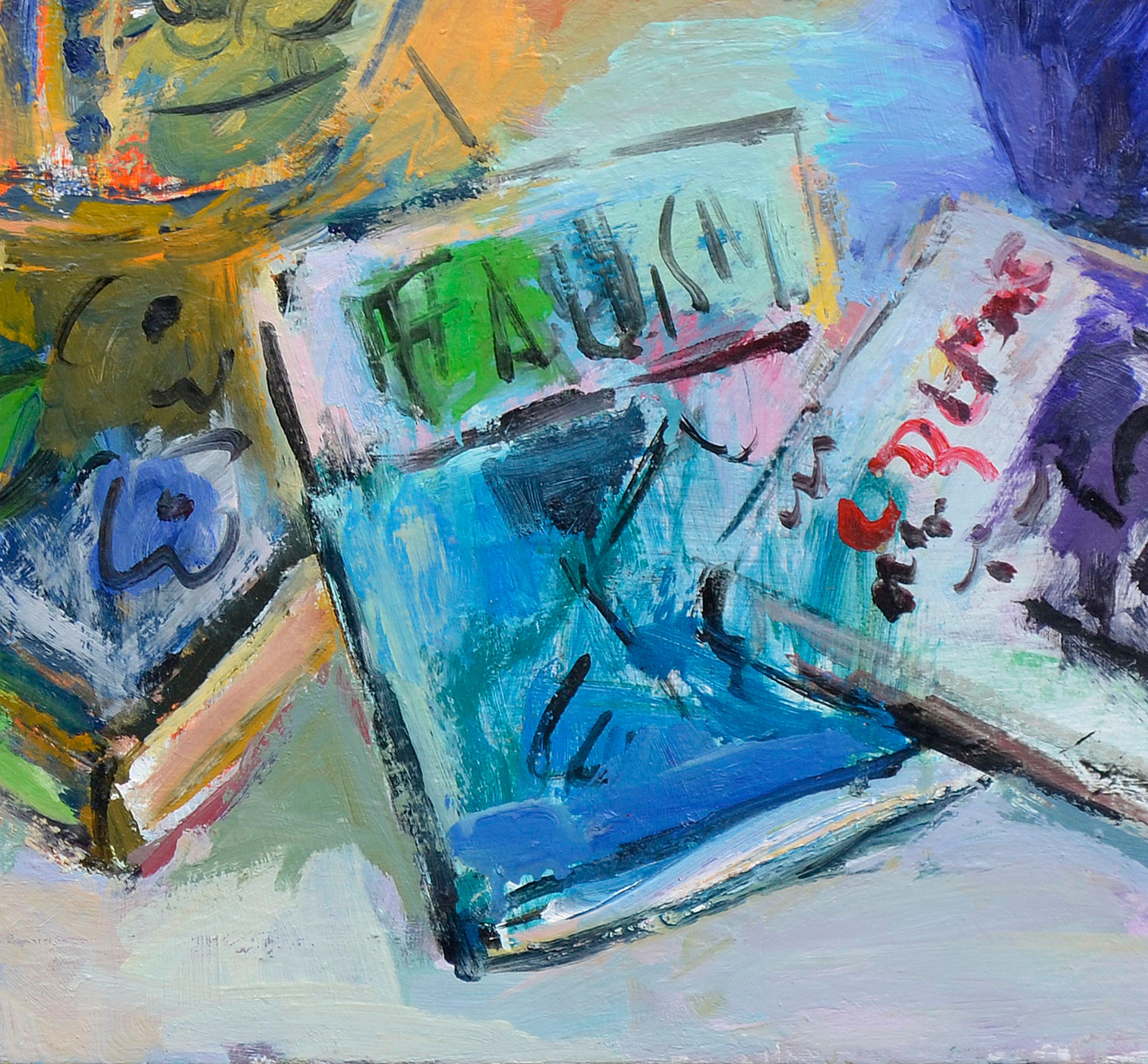 Fauvistisch-Stillleben mit Obstkorb und Büchern  (Grau), Still-Life Painting, von Anthony Rappa