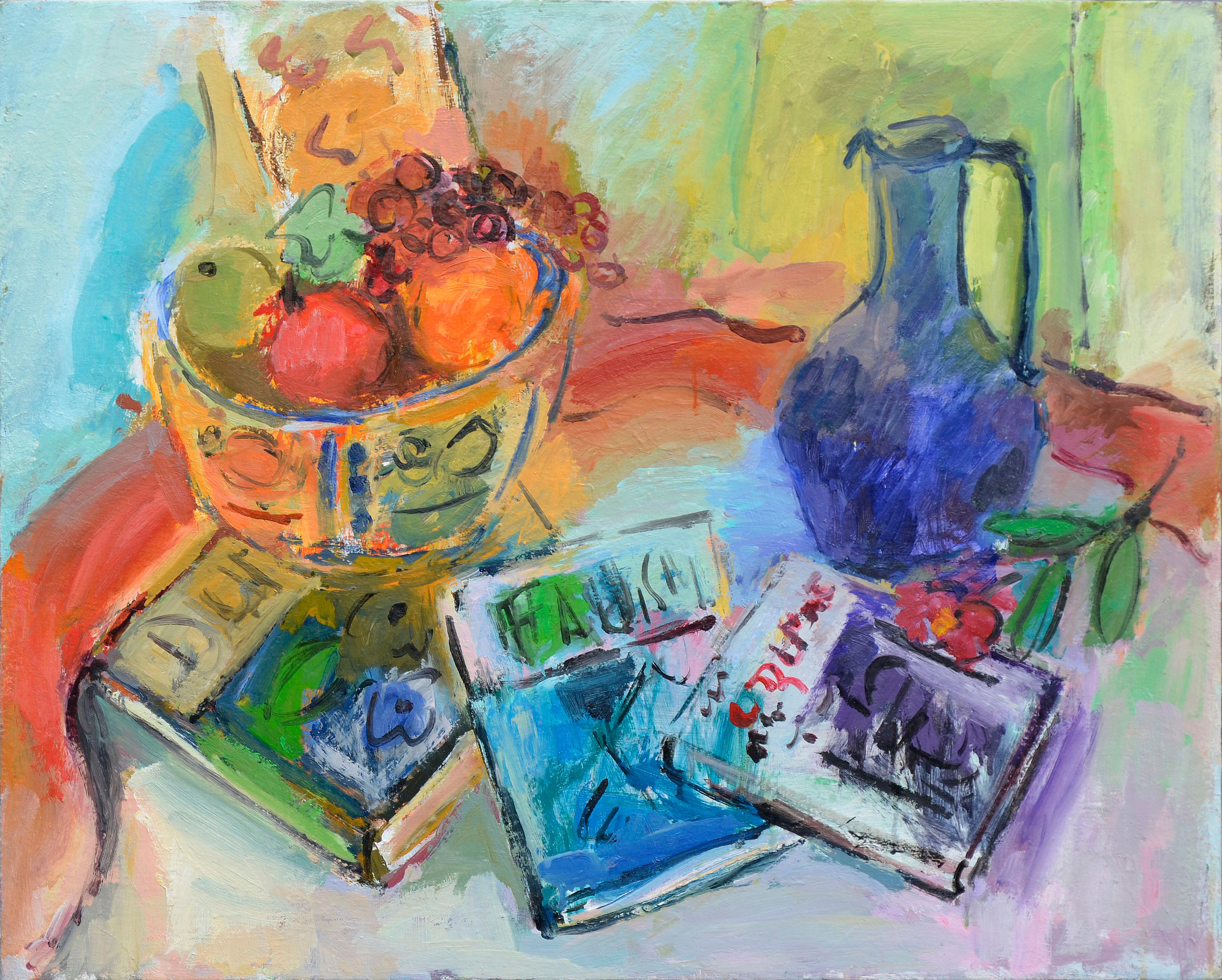 Fauvist Still Life with Fruit Basket and Books