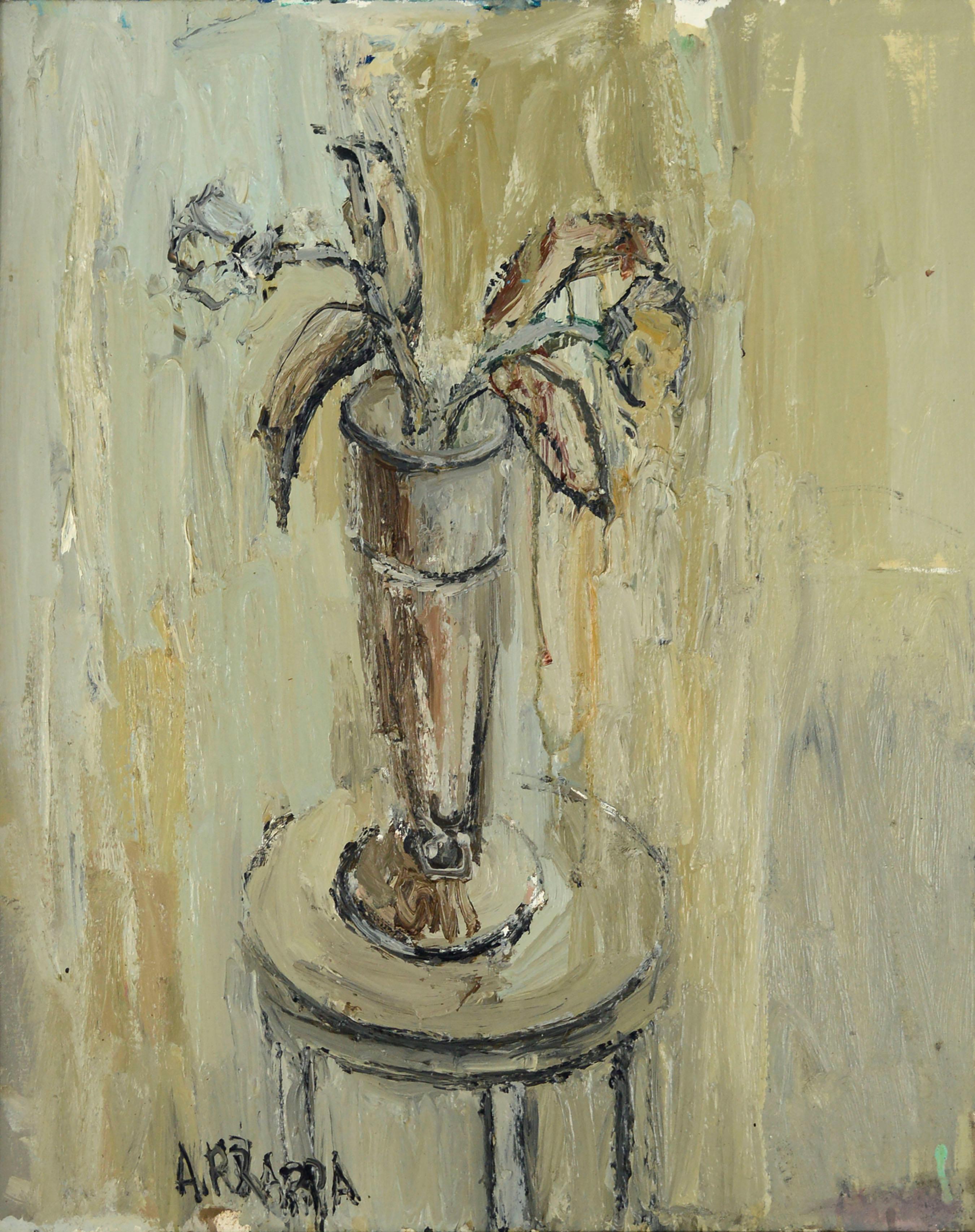 Monochromatic Abstracted Modern Floral Still-Life in Cool Neutral Earthtones - Painting by Anthony Rappa