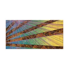 "Geometric Number Five" Brown, Green, Blue, and Purple Linear Abstract Painting