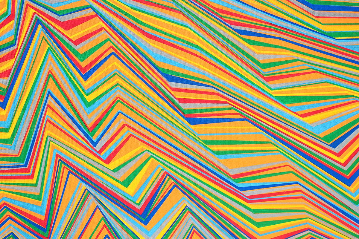 Geometric abstract painting with colorful crooked lines with white stripes running diagonally across the board, creating an optical illusion. The work is signed, titled and dated on the back of the canvas by the artist. The canvas is not framed, but